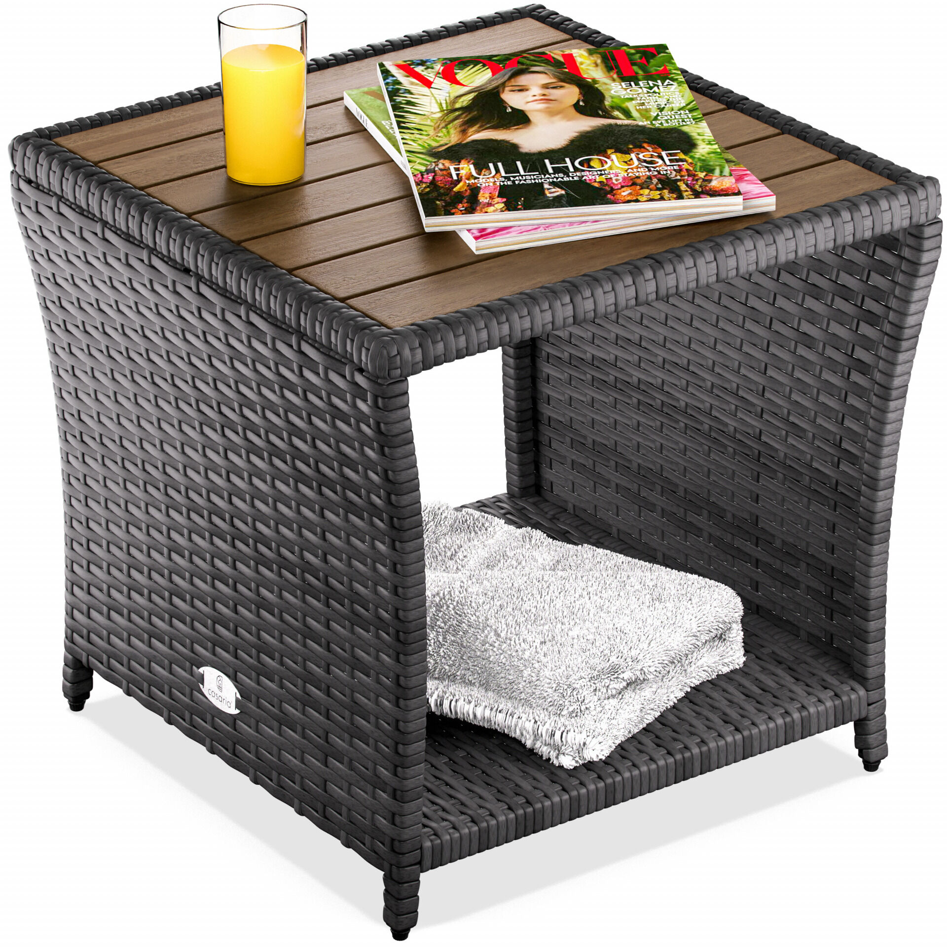 Polyrattan Beistelltisch Grau 40x45x45cm Akazienholz