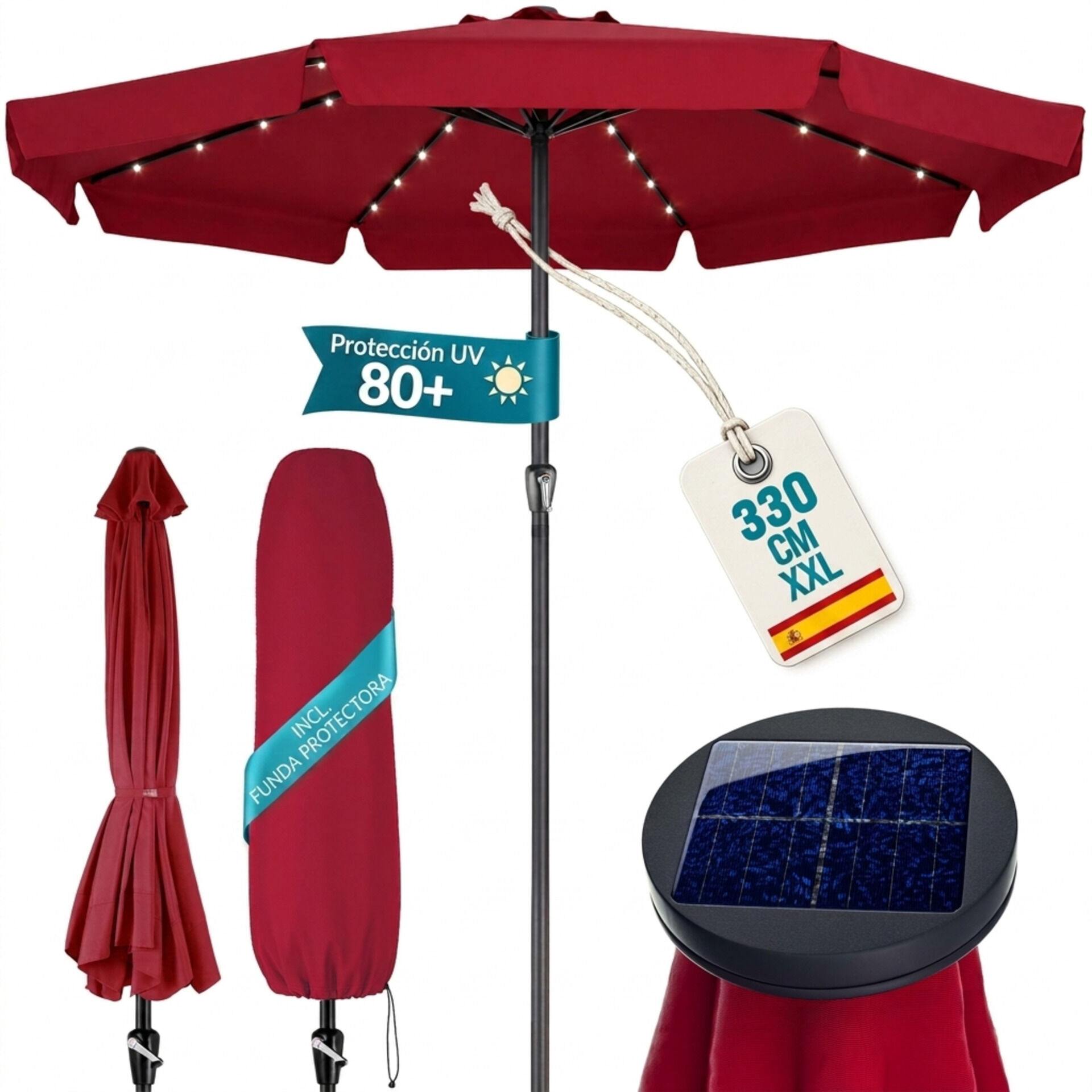 LED Solar Sonnenschirm Athen Rot Ø330cm UV-Schutz 80+