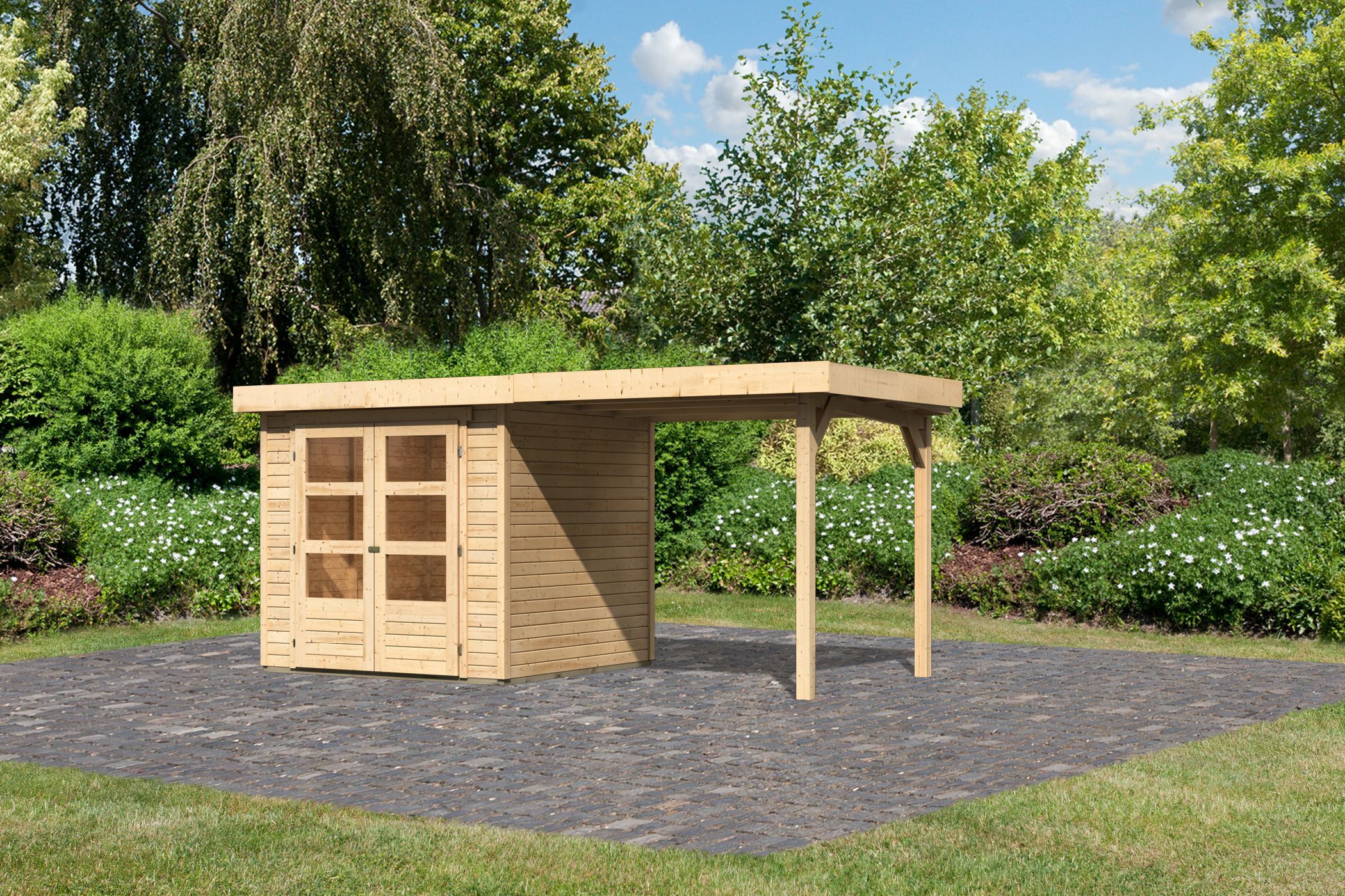 Karibu Gartenhaus Askola 2 SET – mit Anbaudach 2,4 m Breite, naturbelassen