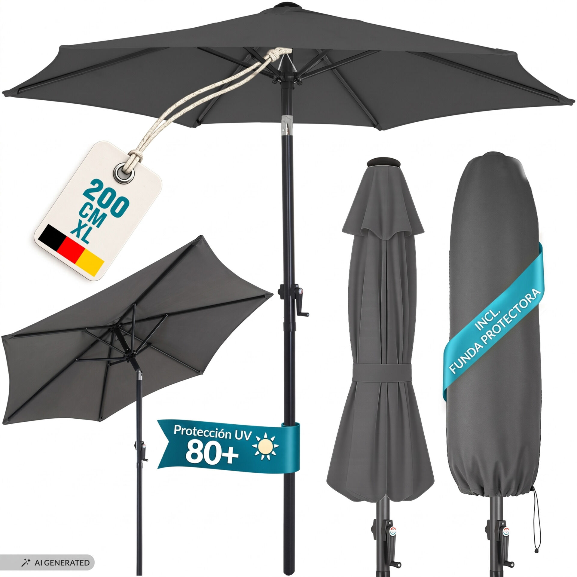 Sonnenschirm Fiji Anthrazit Ø200cm UV-Schutz 80+ mit Kurbel