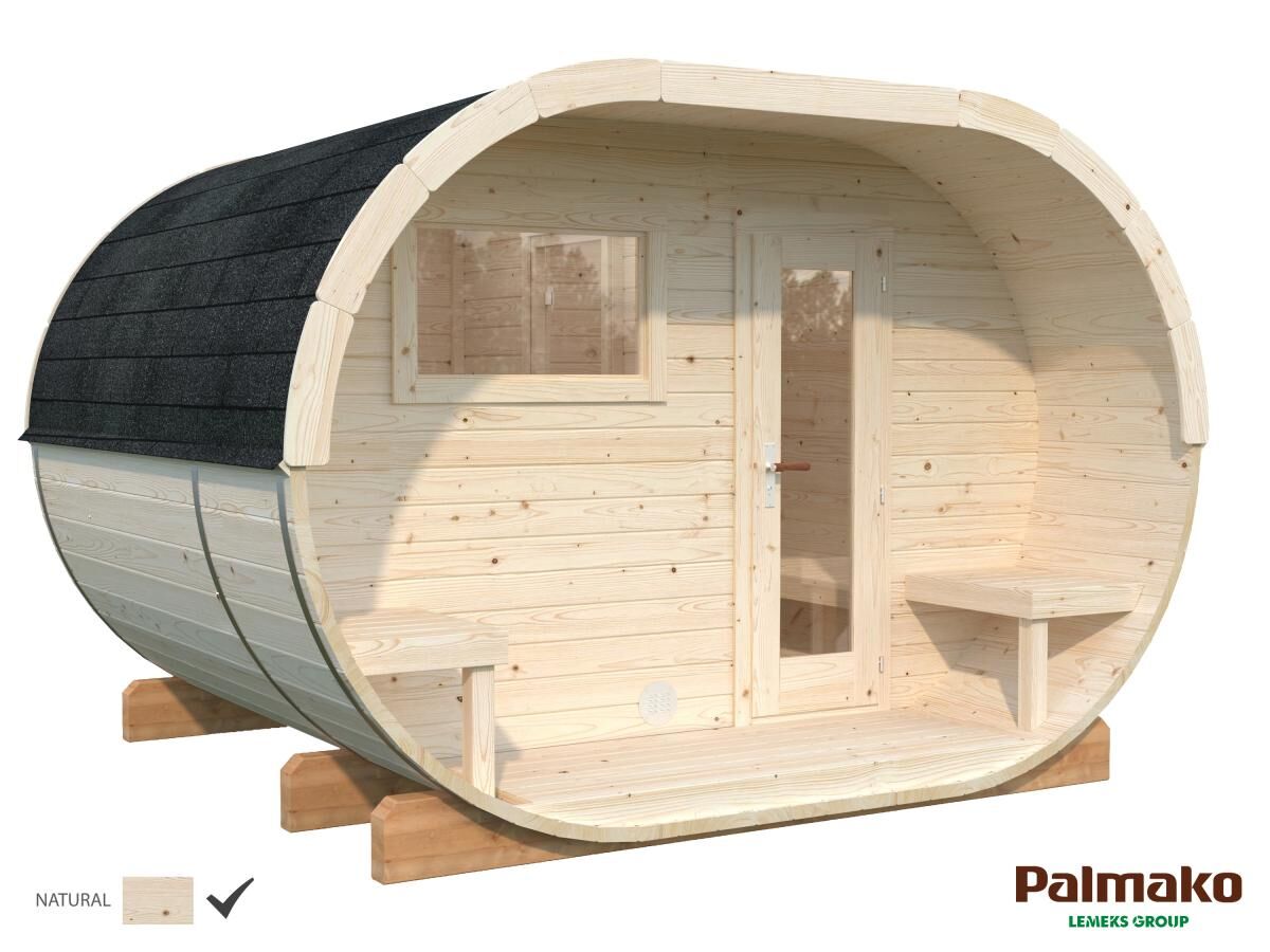 Palmako Fasssauna Anette, naturbelassen, Holztür mit Glaseinsatz, Fenster und Außenbänke, freigestellt