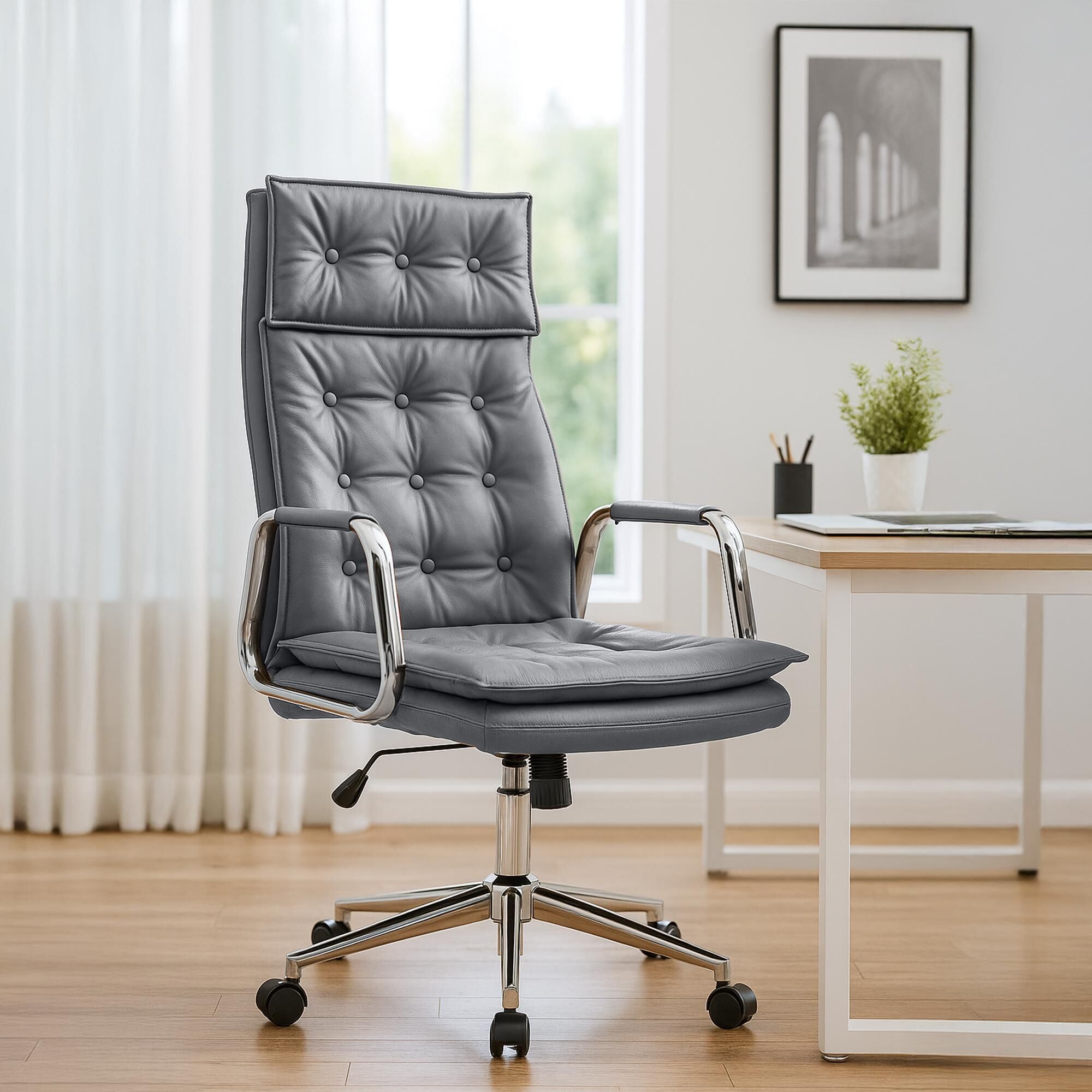 Bürostuhl Sotira Echtleder, grau