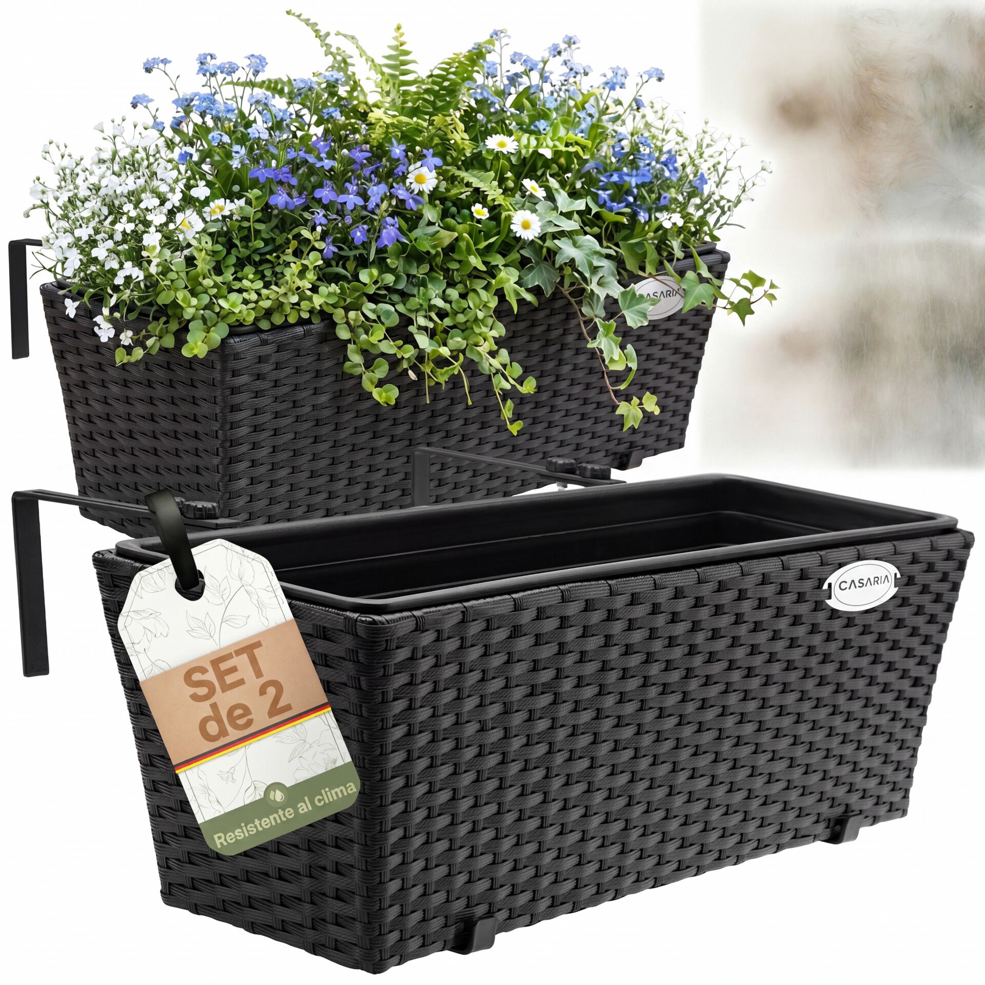 Polyrattan Blumenkasten 2er-Set Schwarz