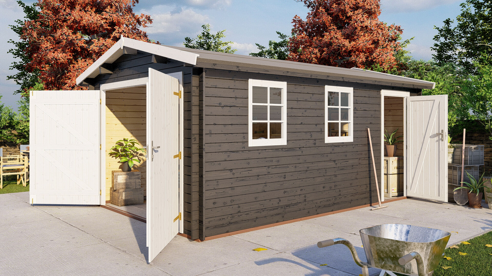 Holzgarage Schweden 41 – 28 mm Blockbohlen Einzelgarage mit Doppeltor