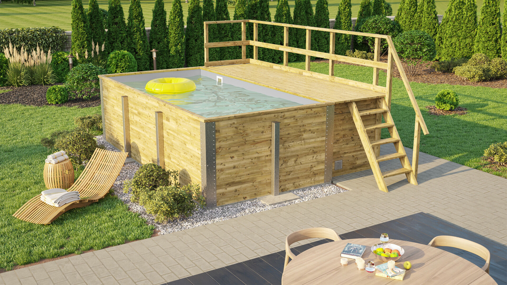 weka Massivholzpool 595 Gr. 1, Folie Hellgrau, inkl. Technikraum/Sonnendeck und Sandfilteranlage, 6 Metallstützen