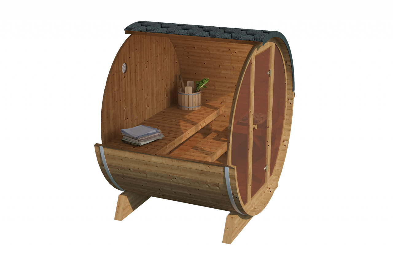 Finn Art Fass-Sauna Luka Innenansicht mit Bänken, Wasserkübel, Aufgusskelle und Handtüchern