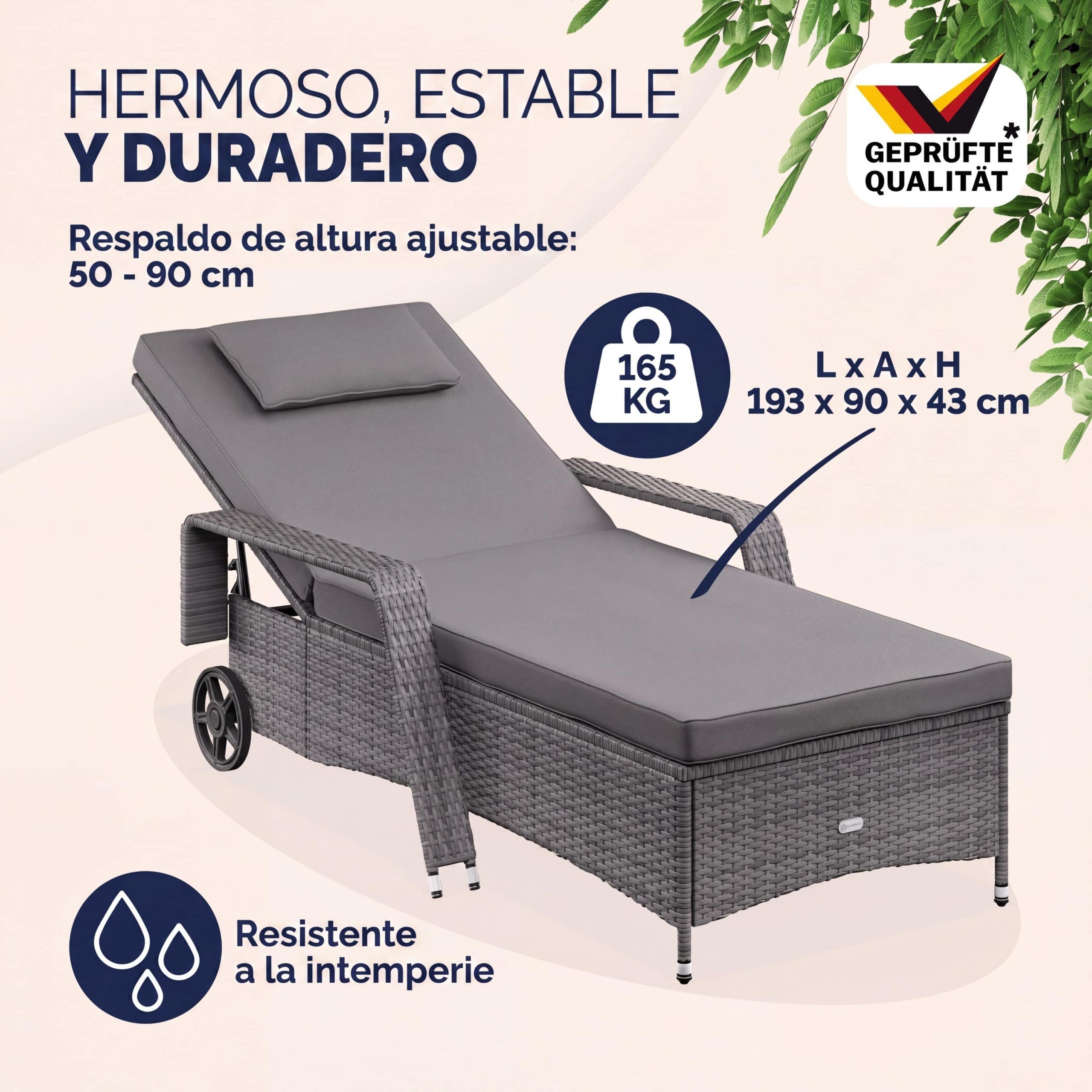 Polyrattan Gartenliege Grau/Anthrazit 193x90x43cm