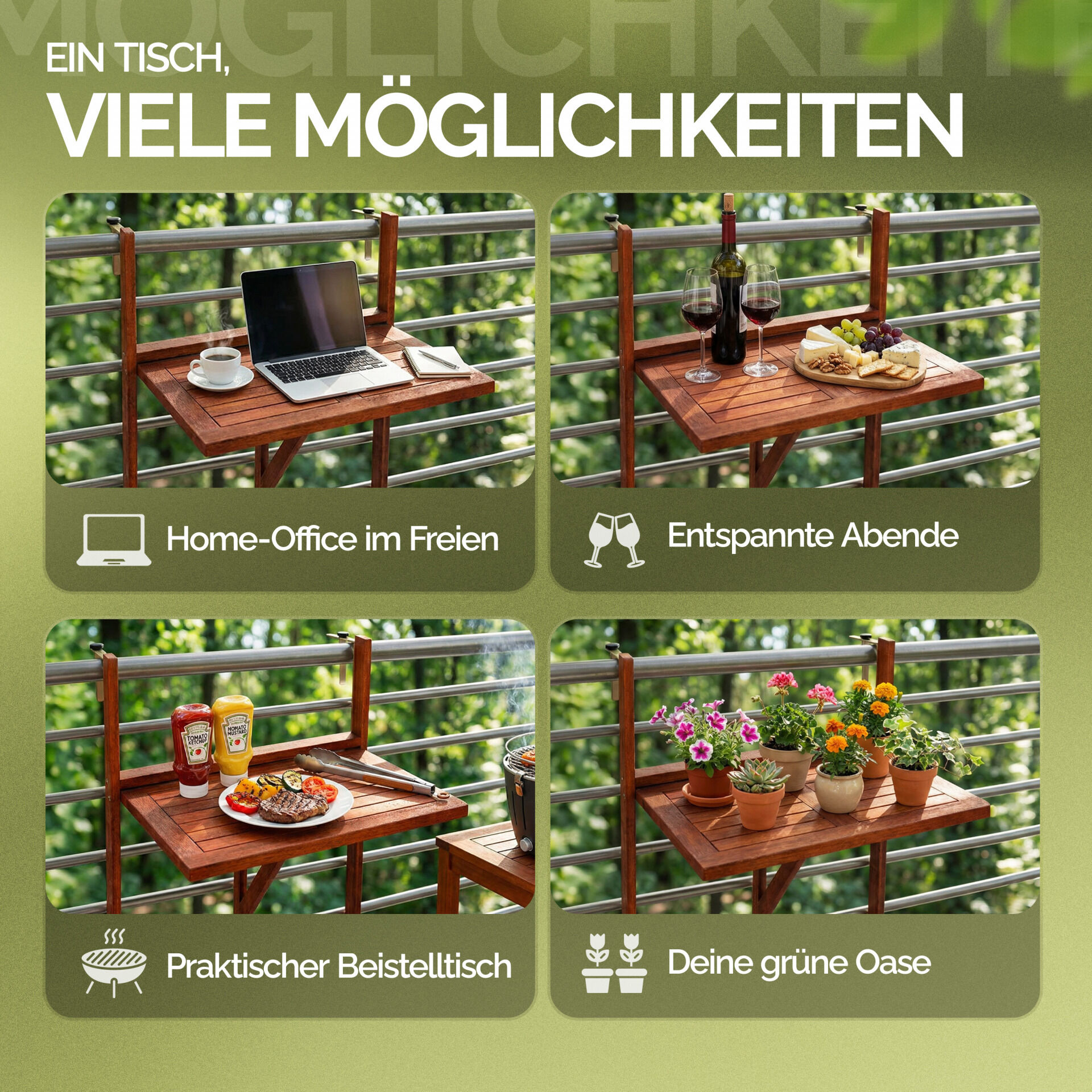 Balkonhängetisch Akazienholz 65x45x87cm FSC®-zertifiziert klappbar