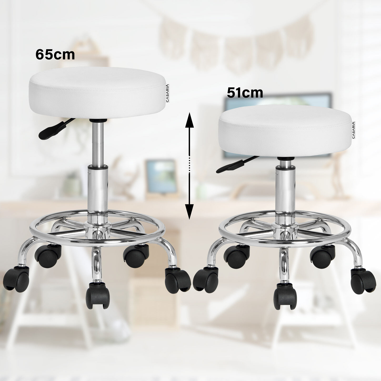 Rollhocker Kunstleder Weiß 360° drehbar Fußablage