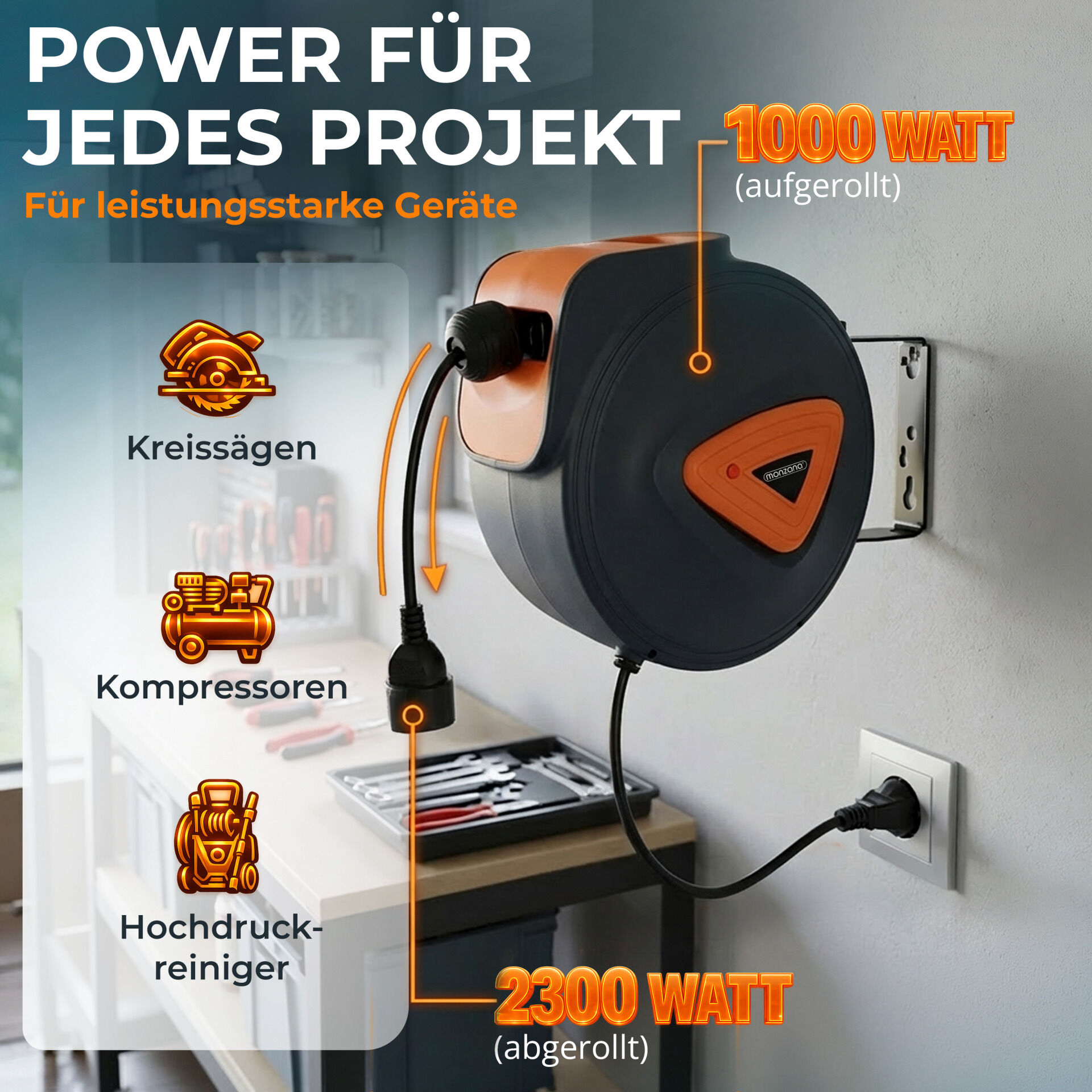 Automatik Kabeltrommel 20m+1,5m Anschlusskabel