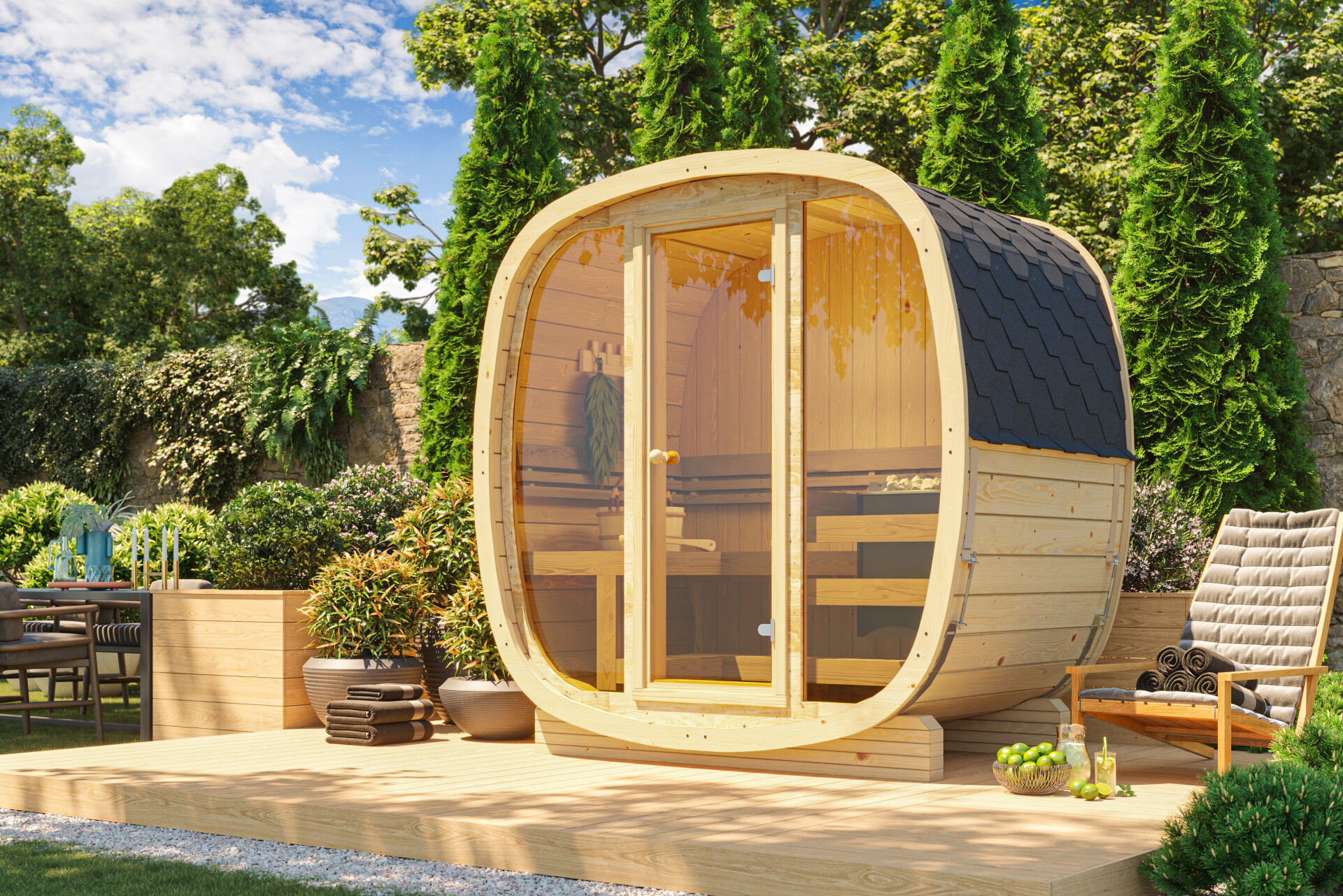Finn Art Fasssauna Quadro 130 Vollglas Front, naturbelassen auf Terrasse