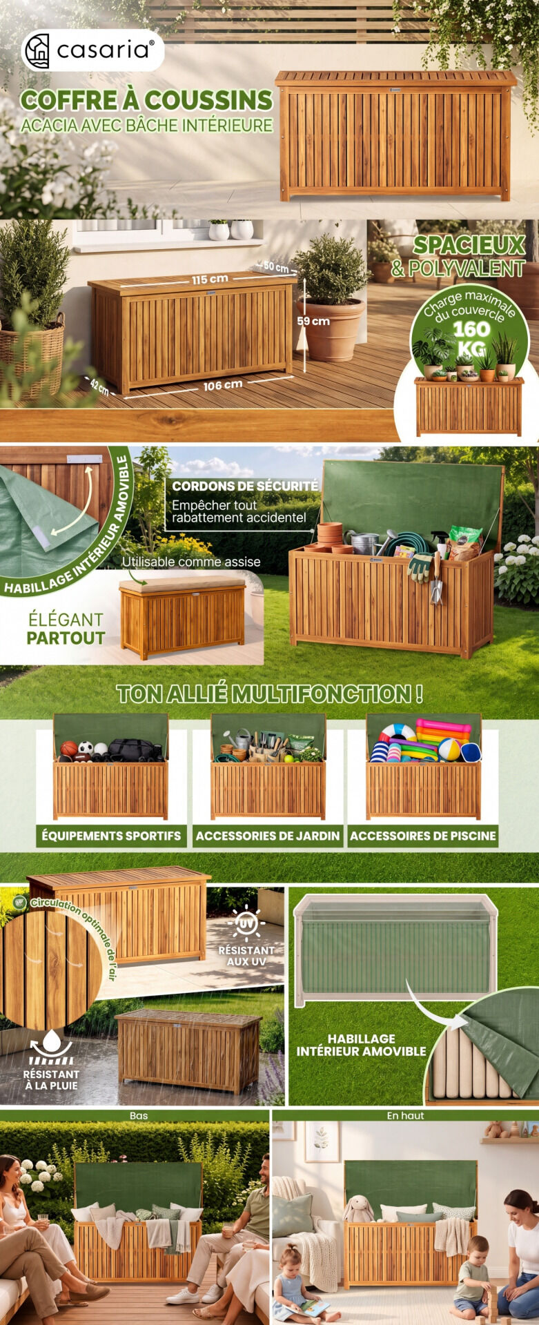 Gartenbox Akazienholz 115x50x59cm mit Innenplane wetterfest 205L