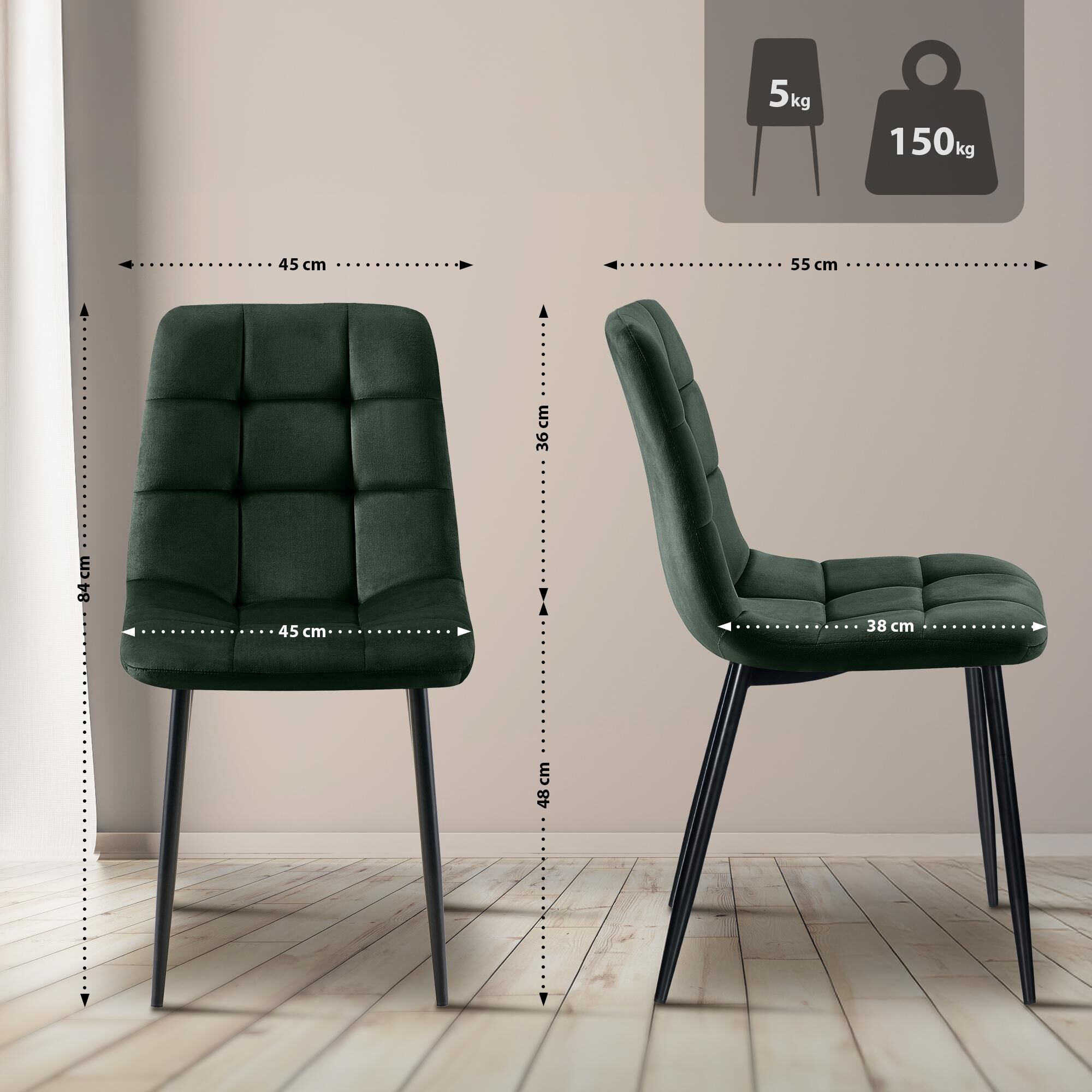 2er Set Esszimmerstuhl Tilde Samt, grün
