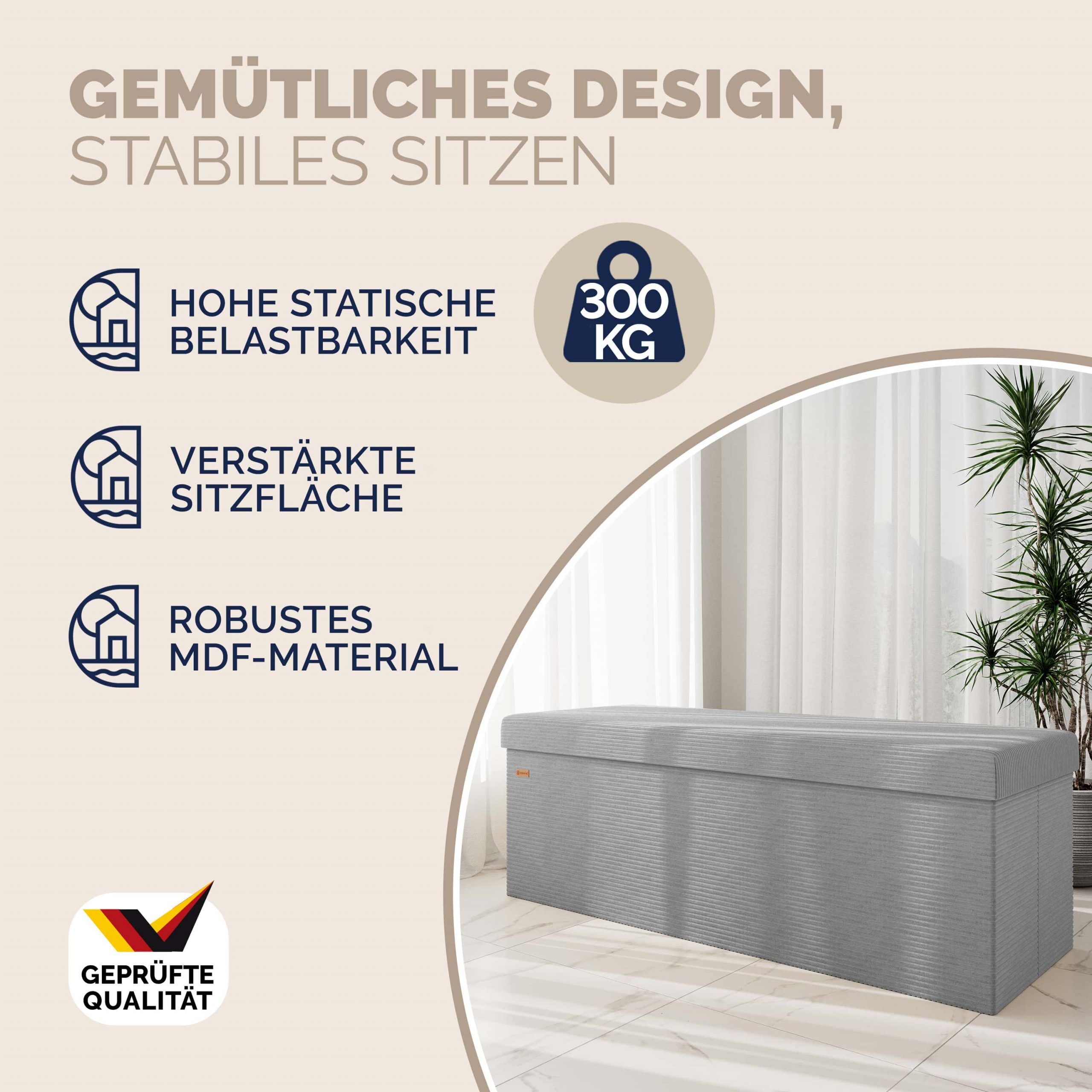 Sitzbank Grau Cord 114x38x38cm MDF faltbar