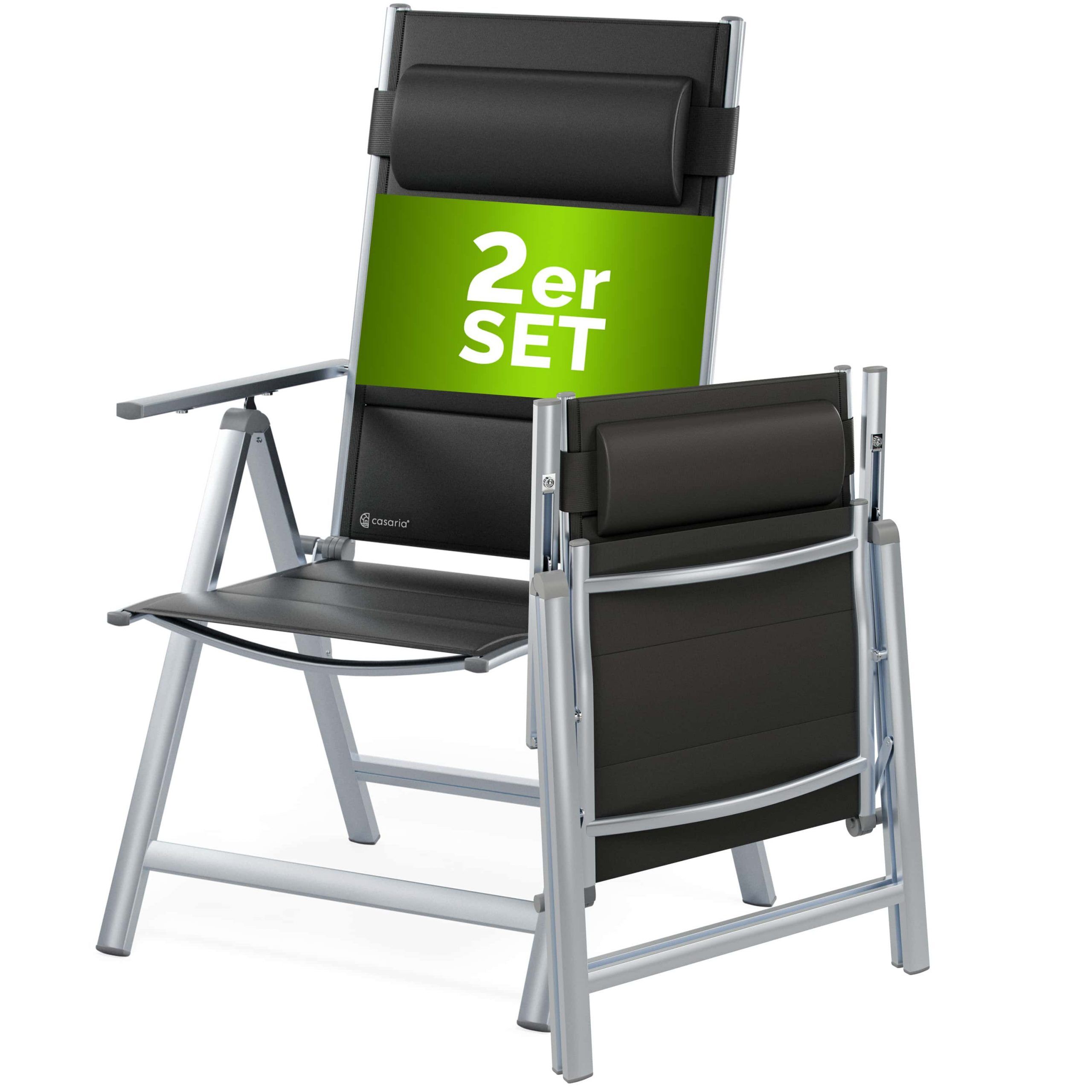 Gartenstuhl Hochlehner klappbar Bern Premium 2er-Set Silber Alu gepolstert + verstellbar