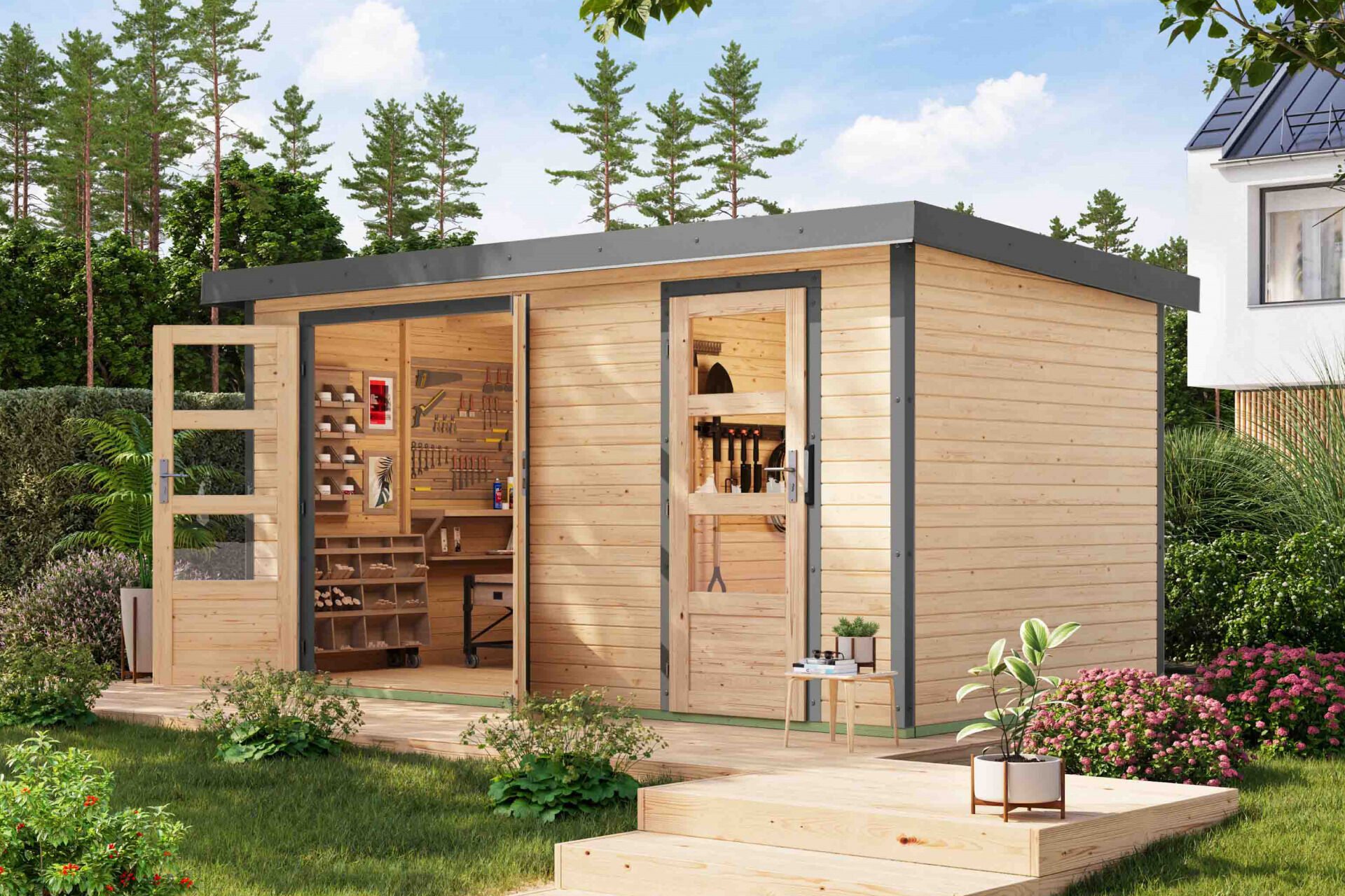 Karibu Pultdach Holz & Metall Gartenhaus Merkur