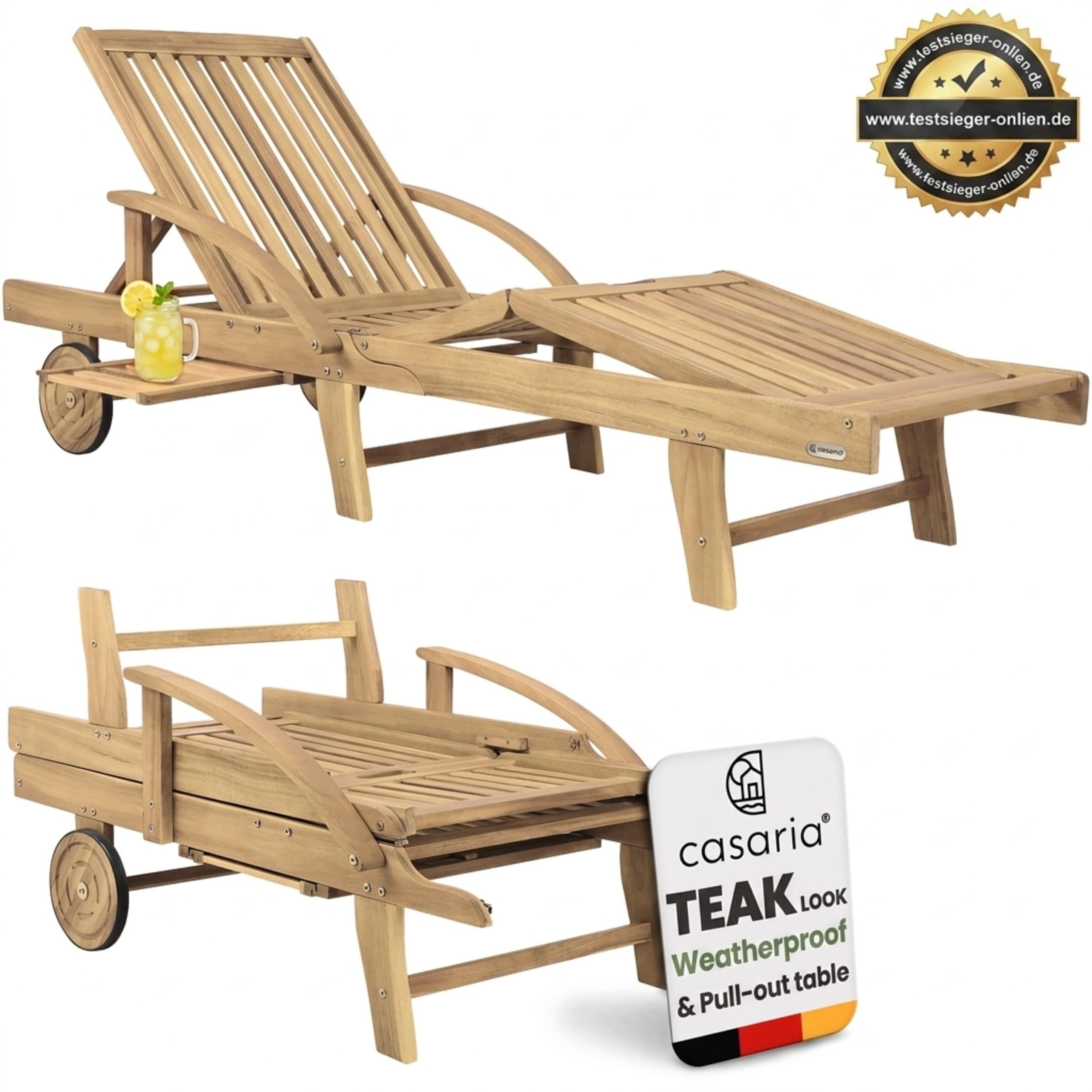 Gartenliege 2er-Set Akazienholz klappbar mit Ausziehtisch und Rollen