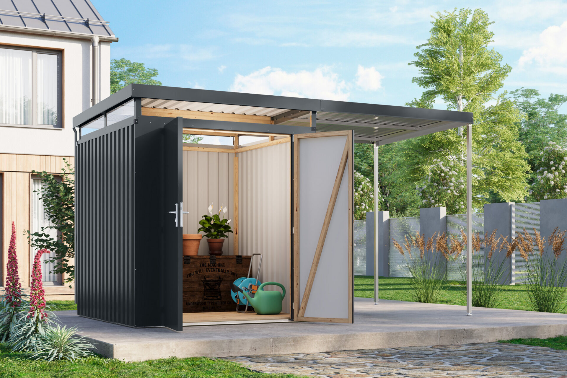 Karibu Flachdach Metall Gartenhaus Aurum 2 Set mit Anbaudach 2m, graualuminium