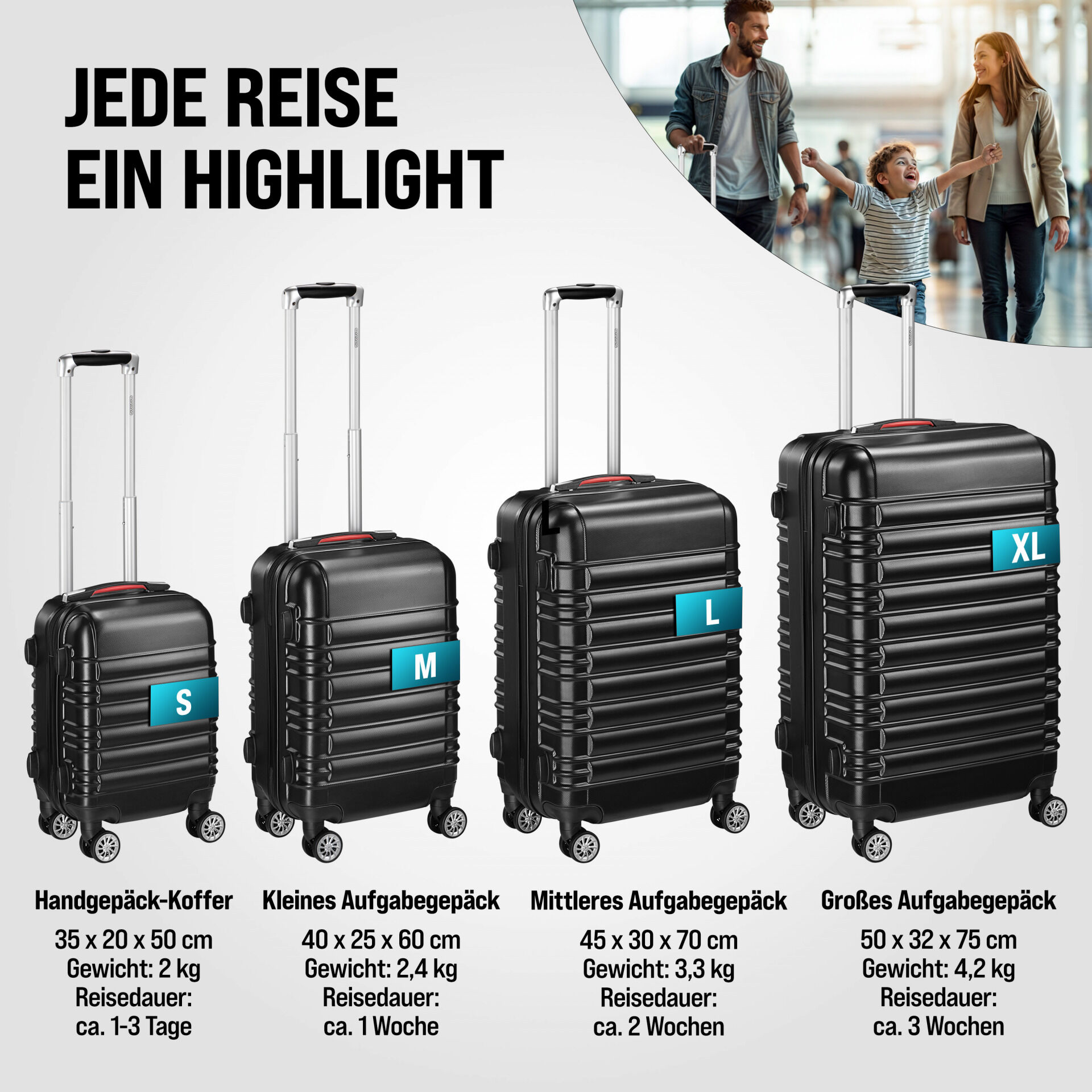 Hartschalenkoffer Set 4-tlg mit Zubehör Rollen 360º Schwarz ABS