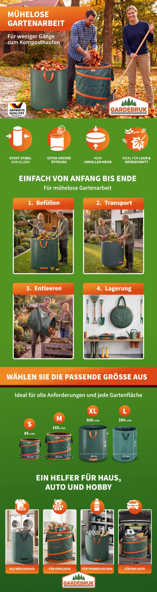Popup Gartenabfallsack 3er-Set Grün je 85 Liter