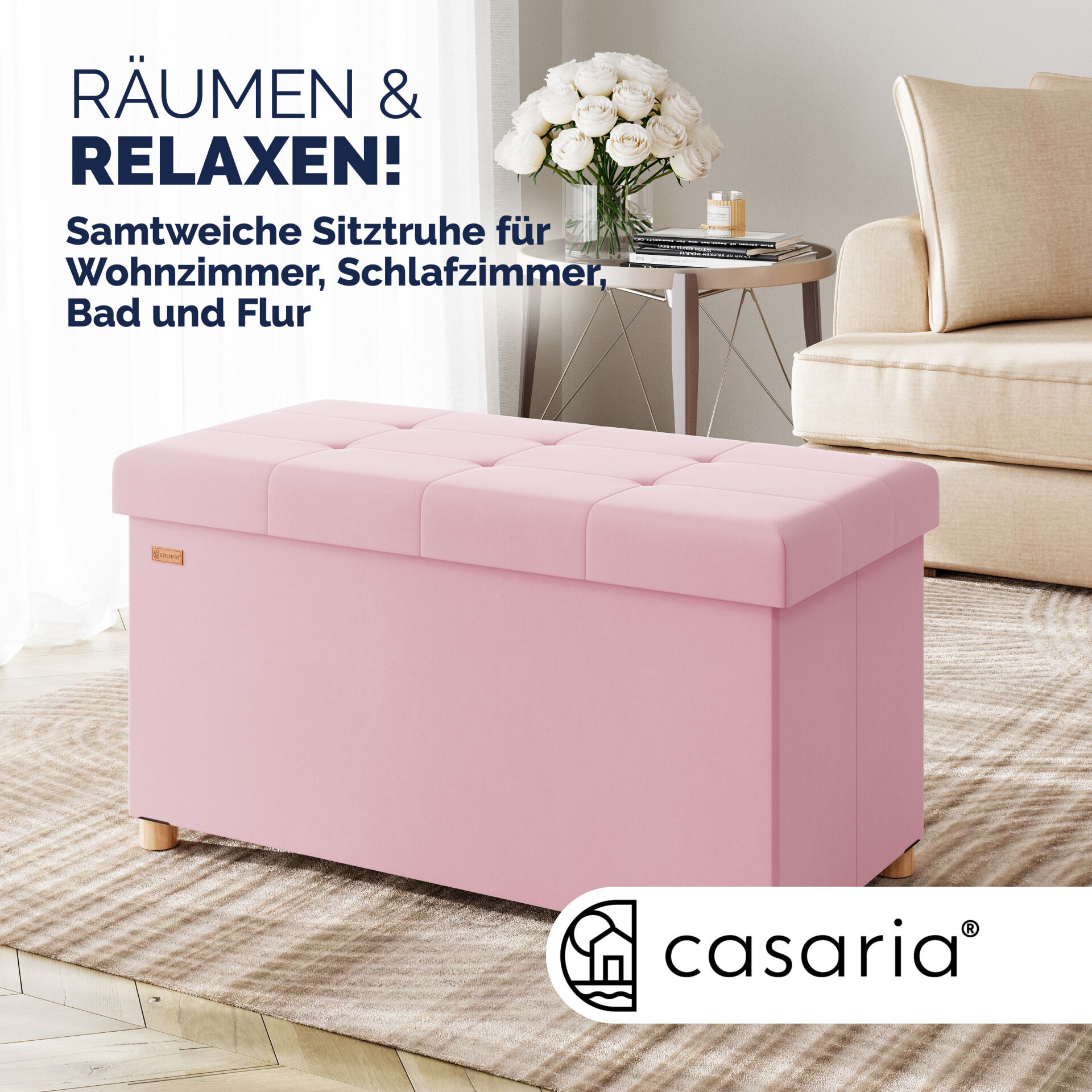 Sitzbank Rosa Samt 76x38x42cm mit Stauraum faltbar