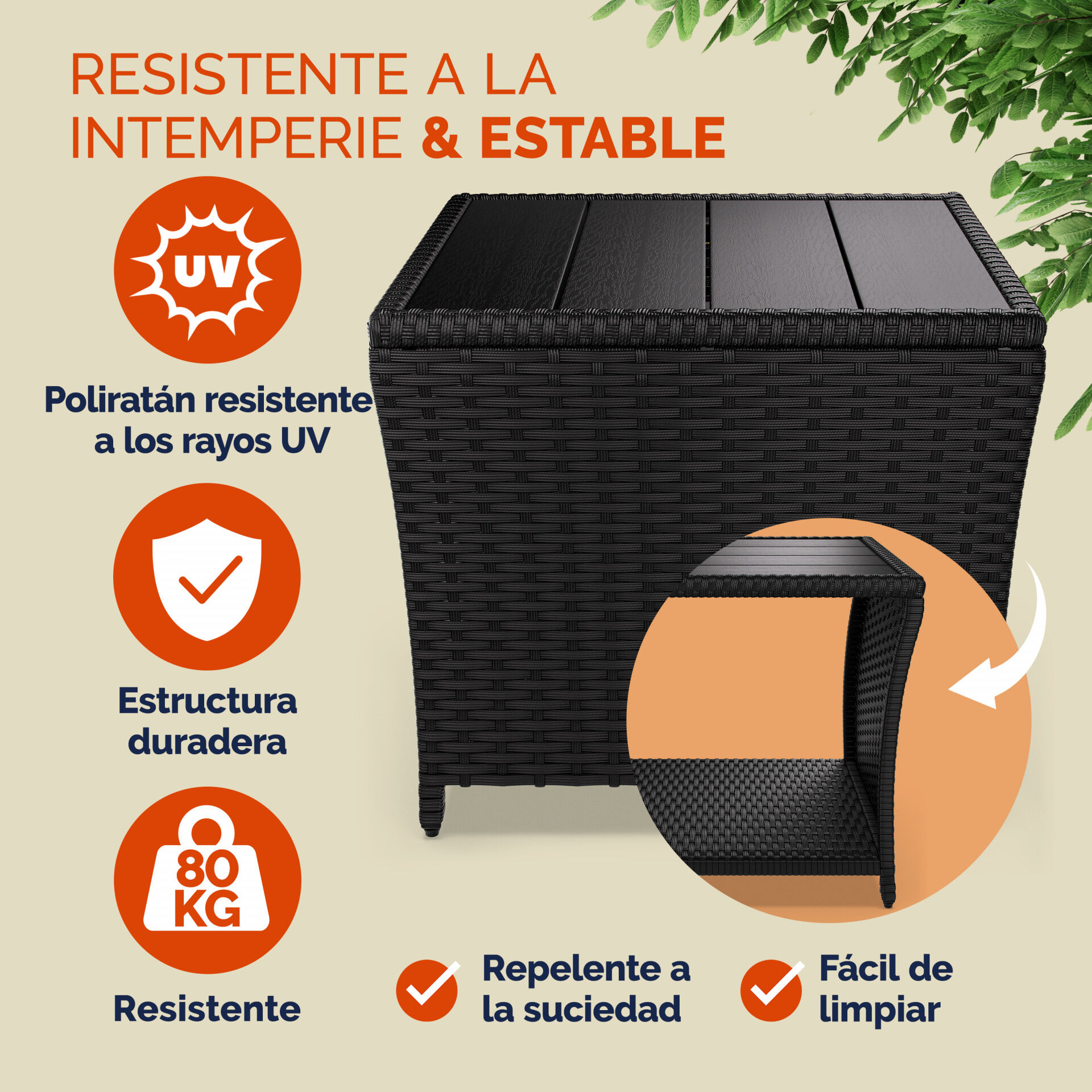 Polyrattan Beistelltisch Vedis Schwarz 45x45x40cm