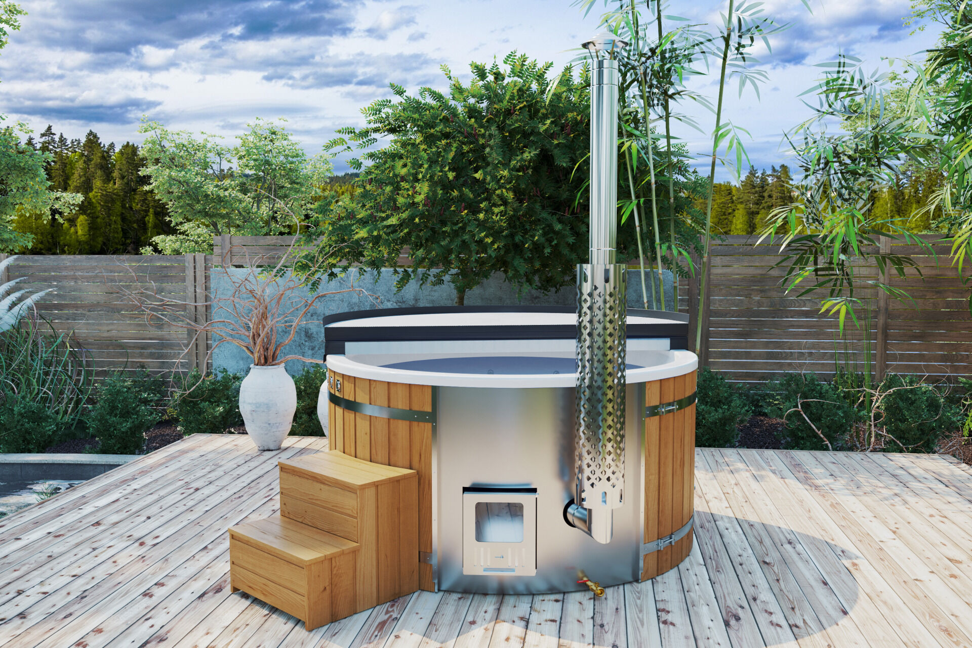 Badefass Prestige rund Thermoholz mit weißem Einsatz, Iso-Deckel, integriertem Holzofen und Treppe auf Terrasse