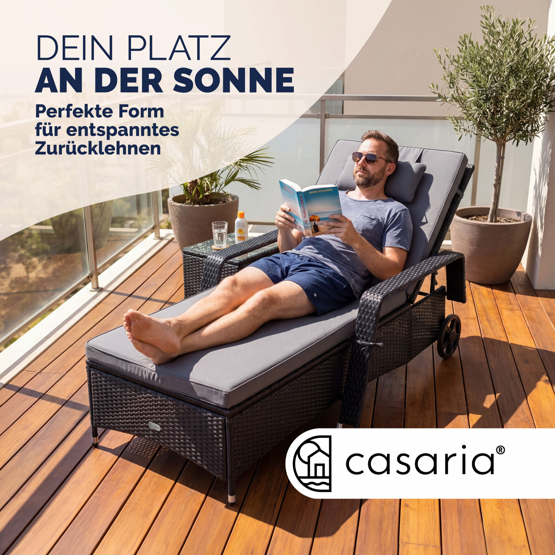 Polyrattan Gartenliege Schwarz/Anthrazit 193x90x43cm