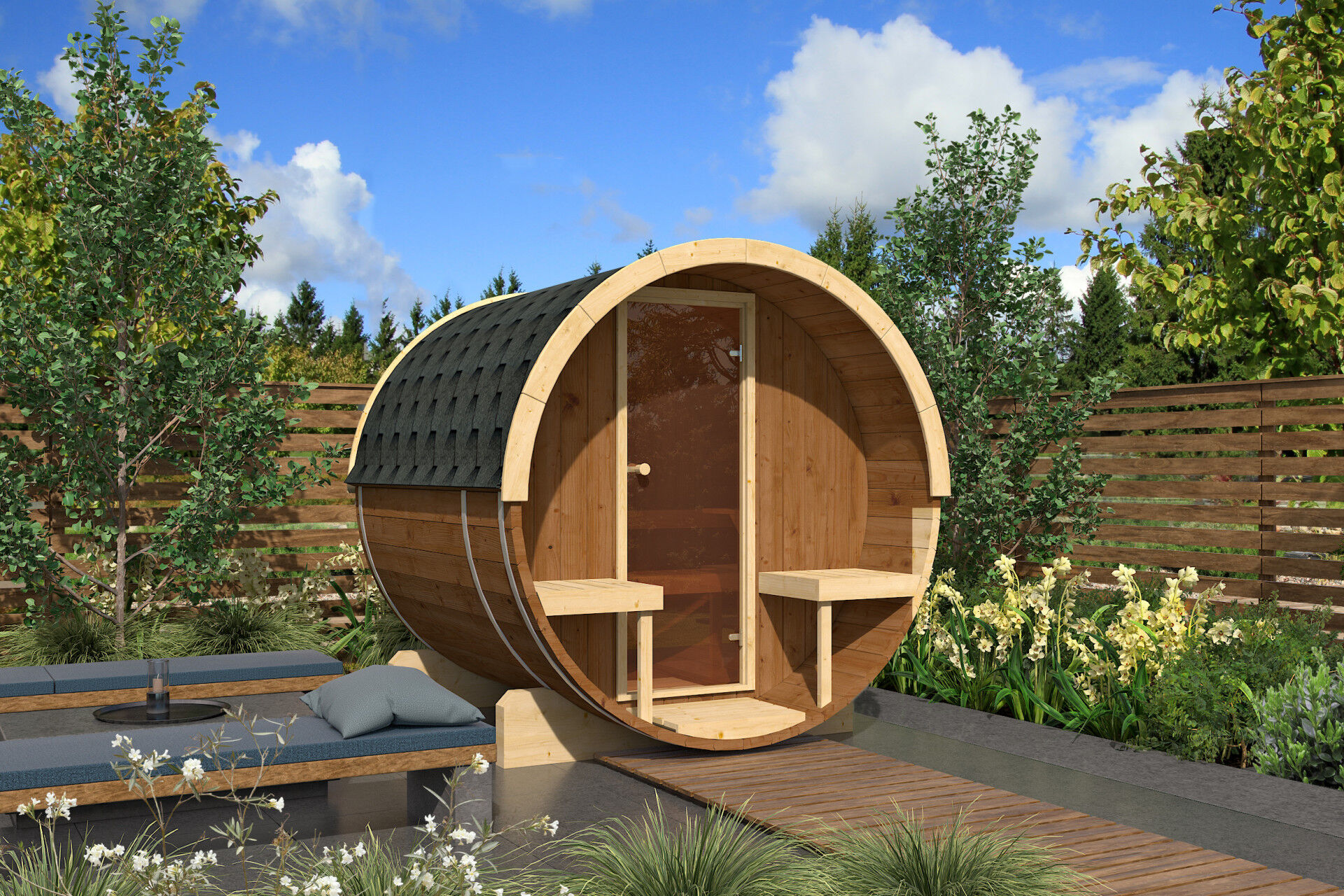 Finn Art Fass-Sauna Alvi Thermoholz mit Glastür und Außenbänken im Garten auf Terrasse