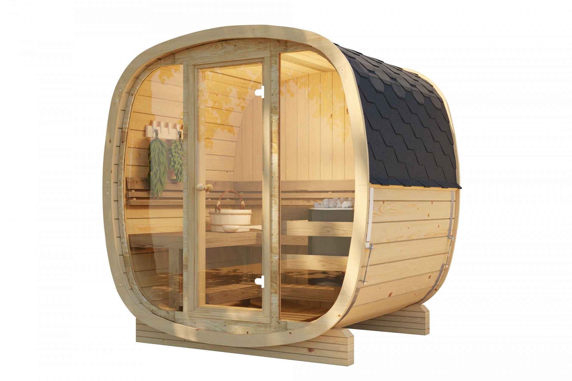 Finn Art Fasssauna Quadro 160 Standard, naturbelassen, Vollglas Front, freigestellt