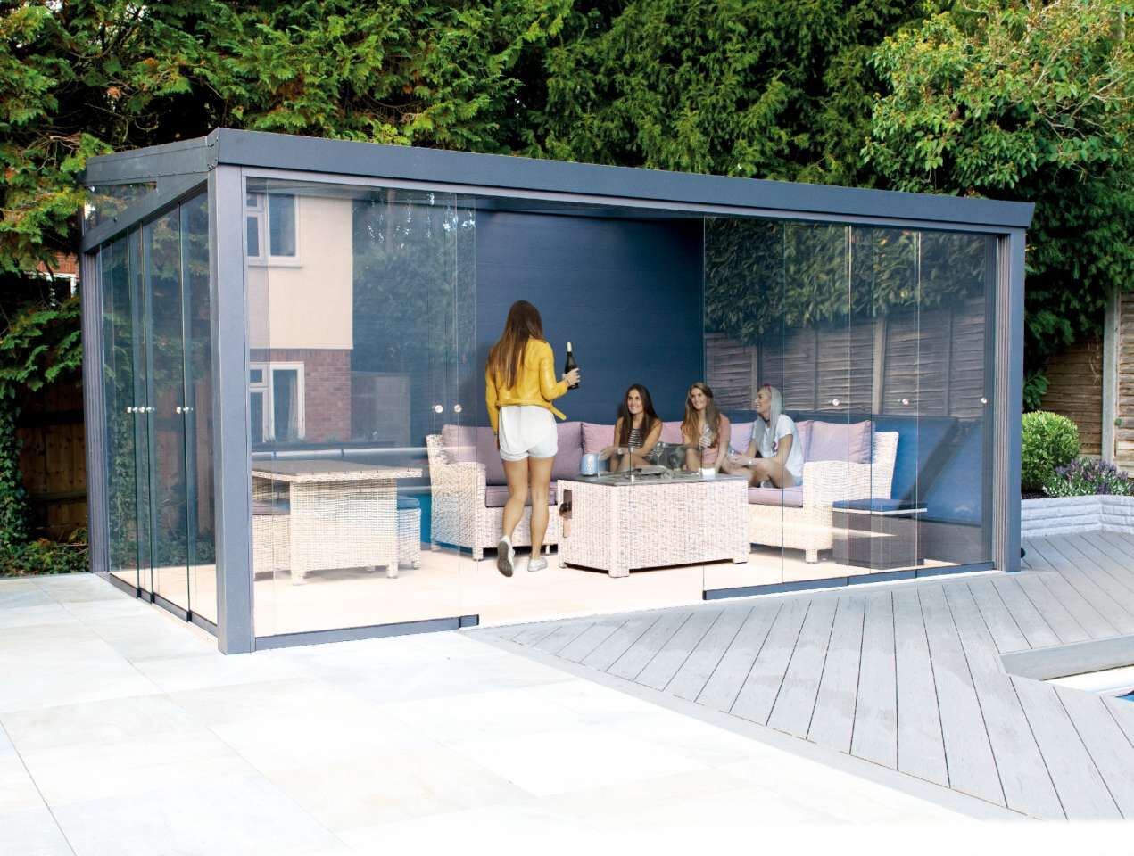 Gartenzimmer mit Glasschiebewänden und Glas Dacheindeckung, 300, 250, grau