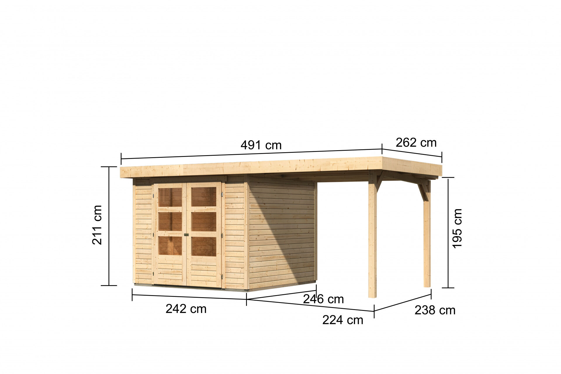 Karibu Gartenhaus Askola 3,5 Set mit Anbaudach 2,4m, naturbelassen