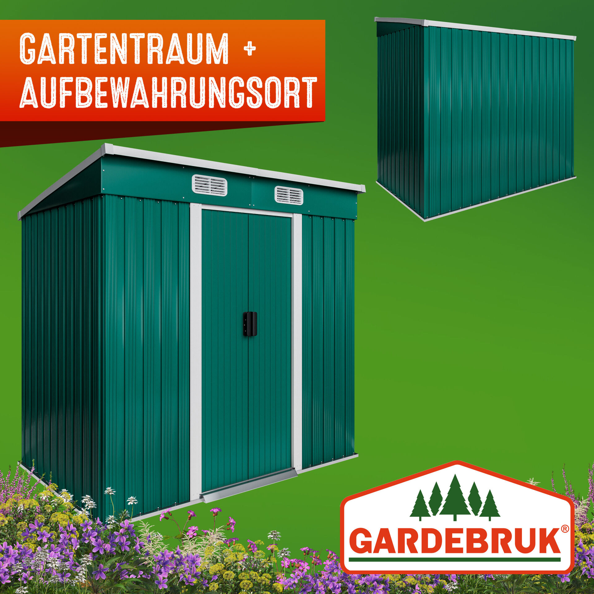 Geräteschuppen Grün 200x125x180cm 2m² Stauraum verzinkt Schiebetür 4 Haken