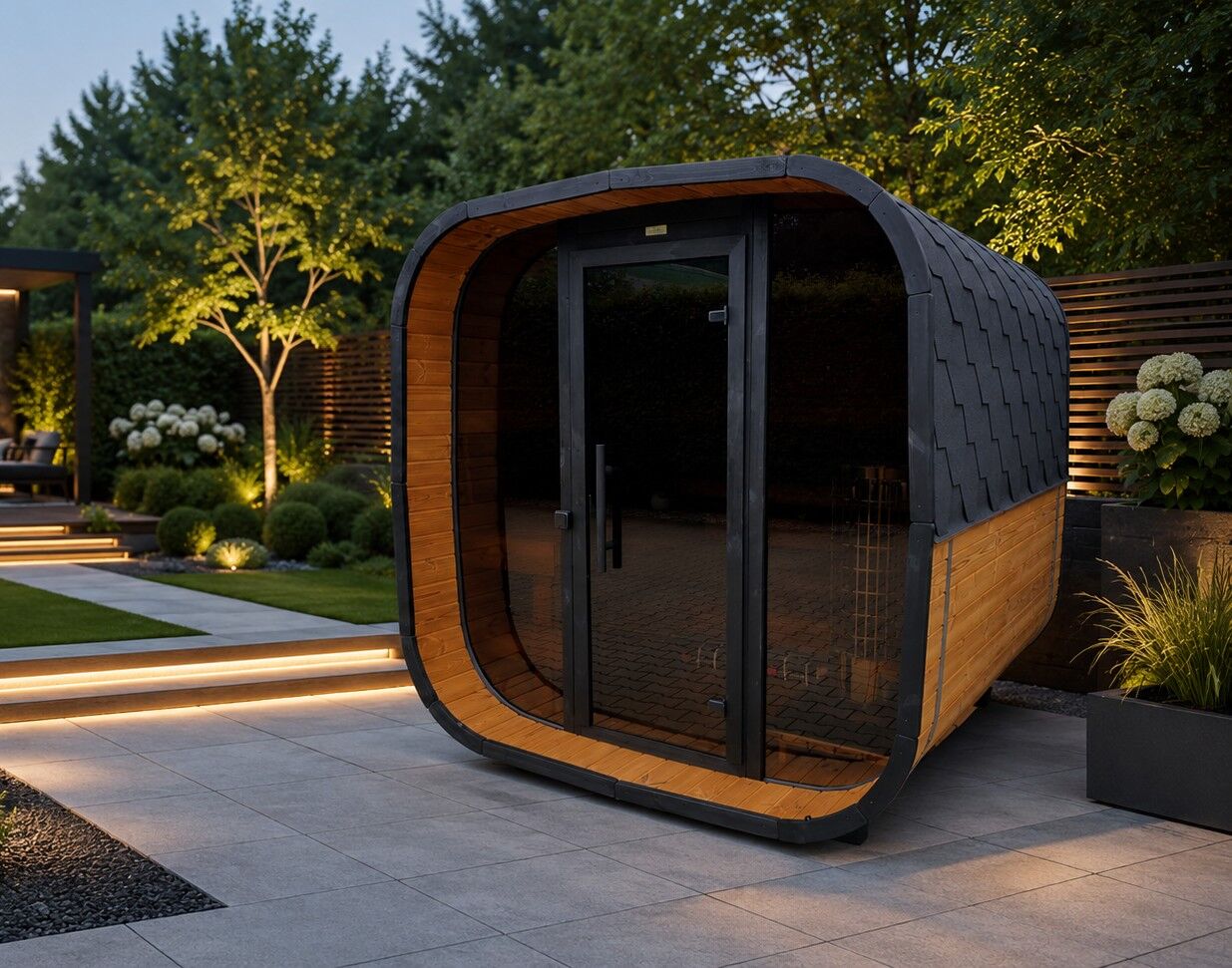 Fasssauna Cube Tommy Premium 2,3 x 2,3m aus Thermoholz montiert