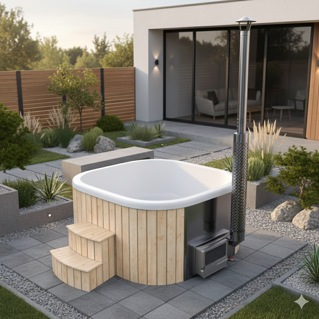 SPANOVA Hottub Quadratisch 200 Fichte – Premium Badefass mit integriertem Horizon Holzofen & Acryl-Einsatz, Grau, V2A Edelstahlofen