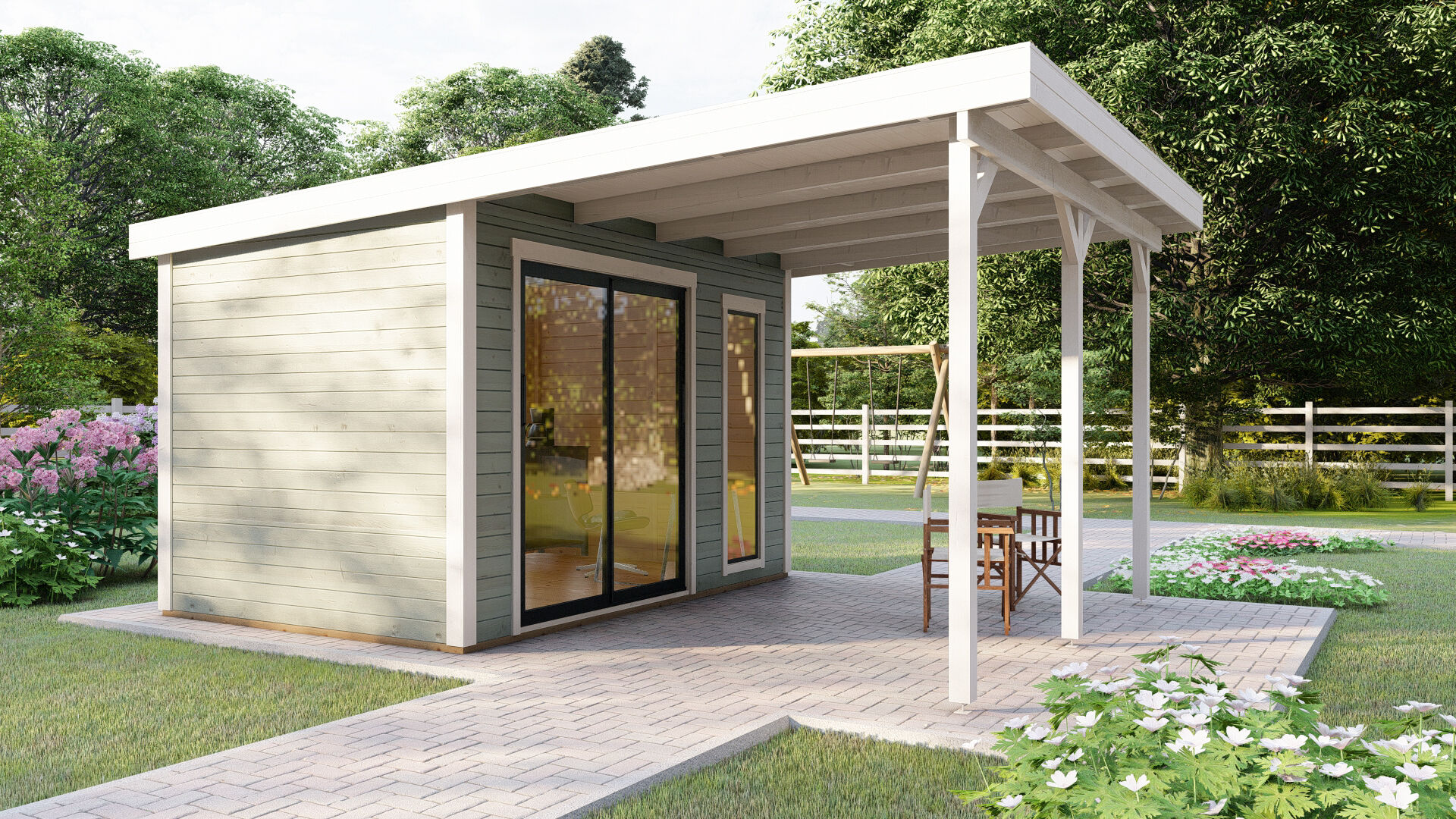 Flachdach Holz Gartenhaus Sydney 53 mit Schiebetür und Terrasse