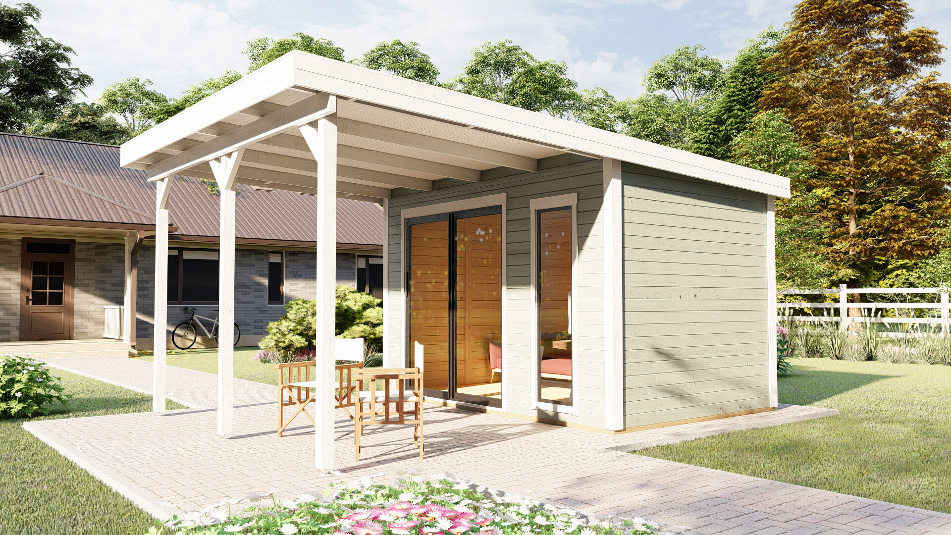 Flachdach Holz Gartenhaus Sydney 53 mit Schiebetür und Terrasse