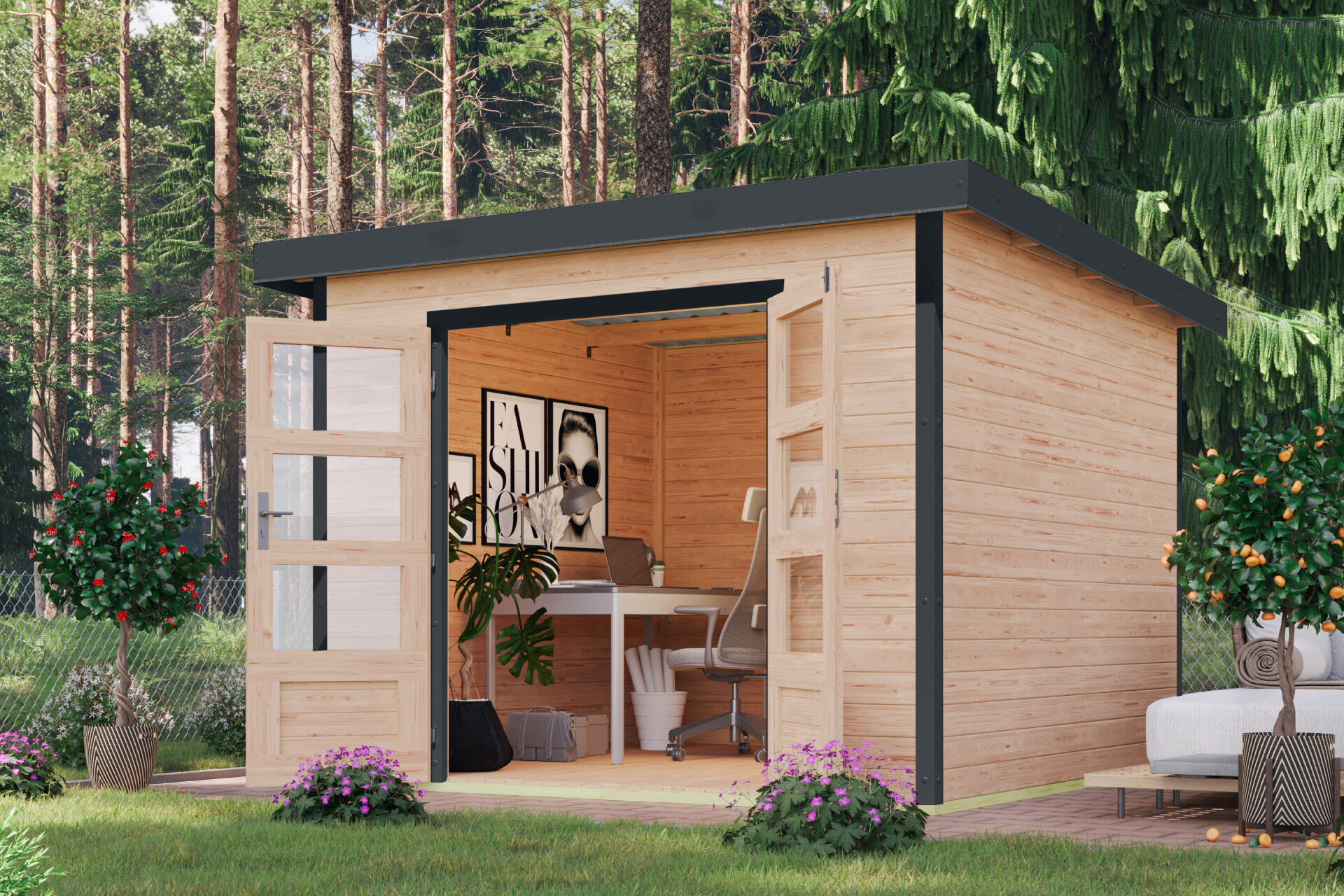 Karibu Pultdach Holz & Metall Gartenhaus Pluto 6, naturbelassen / graualuminium