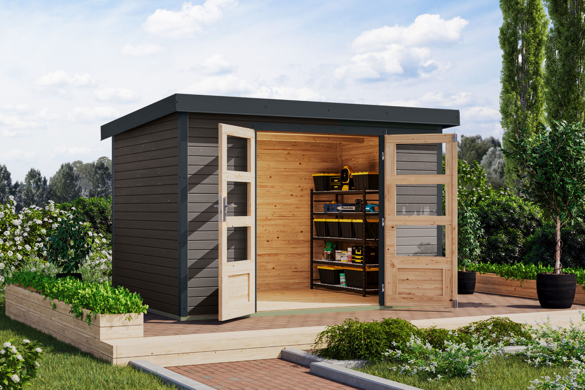 Karibu Pultdach Holz & Metall Gartenhaus Jupiter 4, naturbelassen / graualuminium