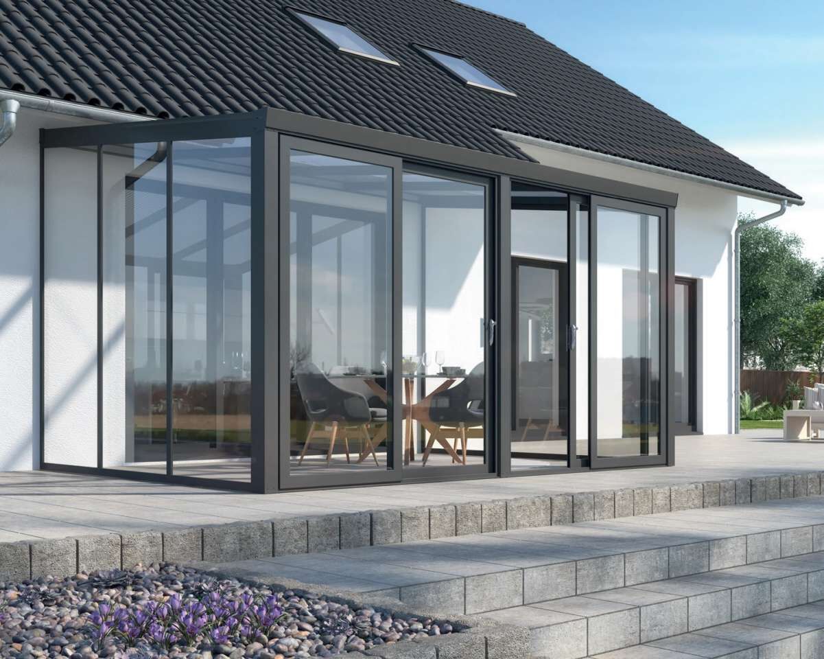 Gartenzimmer Easy mit Schiebetür und Polycarbonat Dacheindeckung, 400, 250, grau