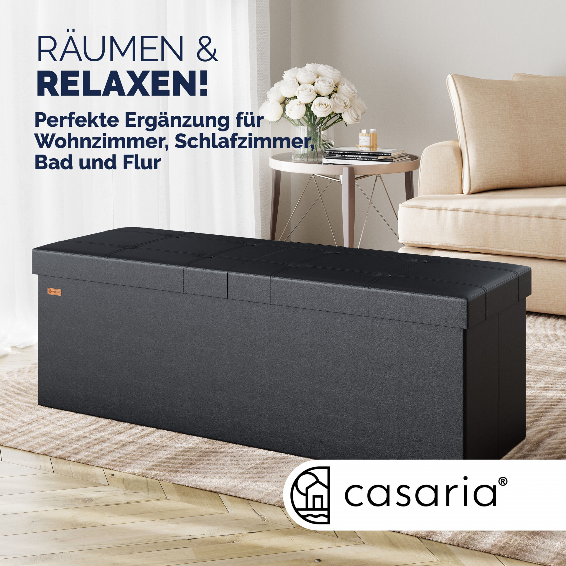 Sitzbank Schwarz 115x38x38cm mit Klappdeckel