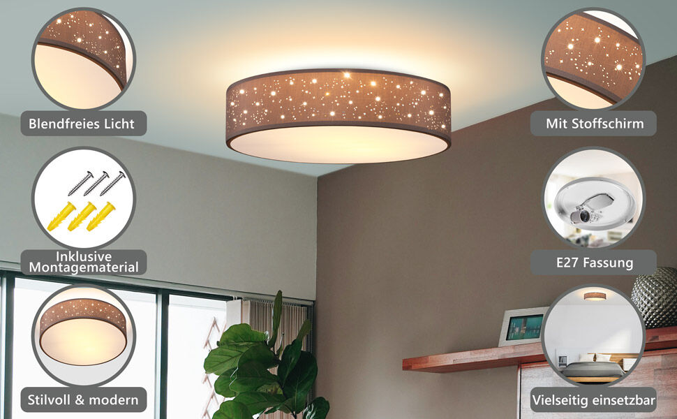 Deckenlampe Taupe Stoff Ø30cm Sternenhimmel