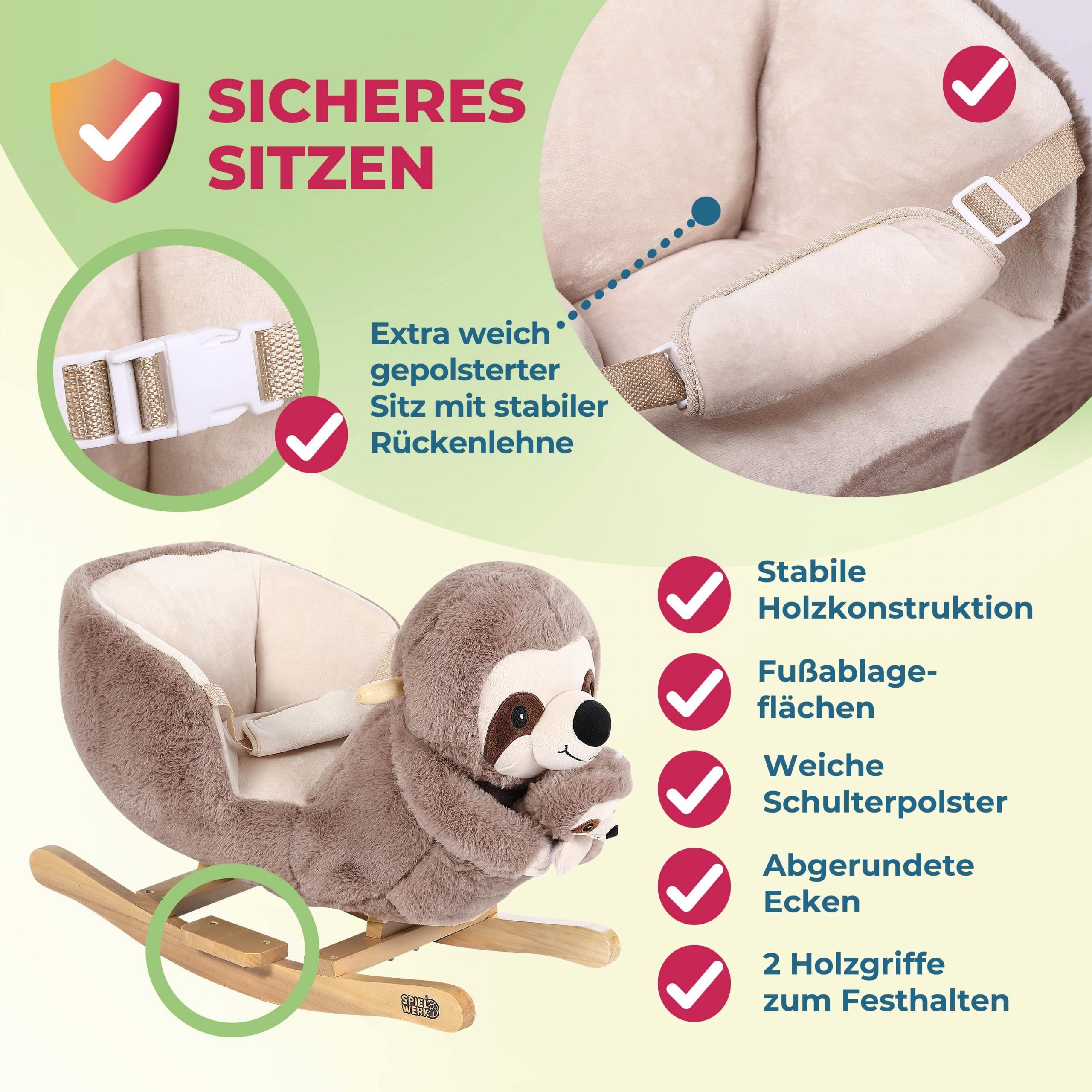 Schaukeltier Faultier Braun mit Sicherheitsgurt