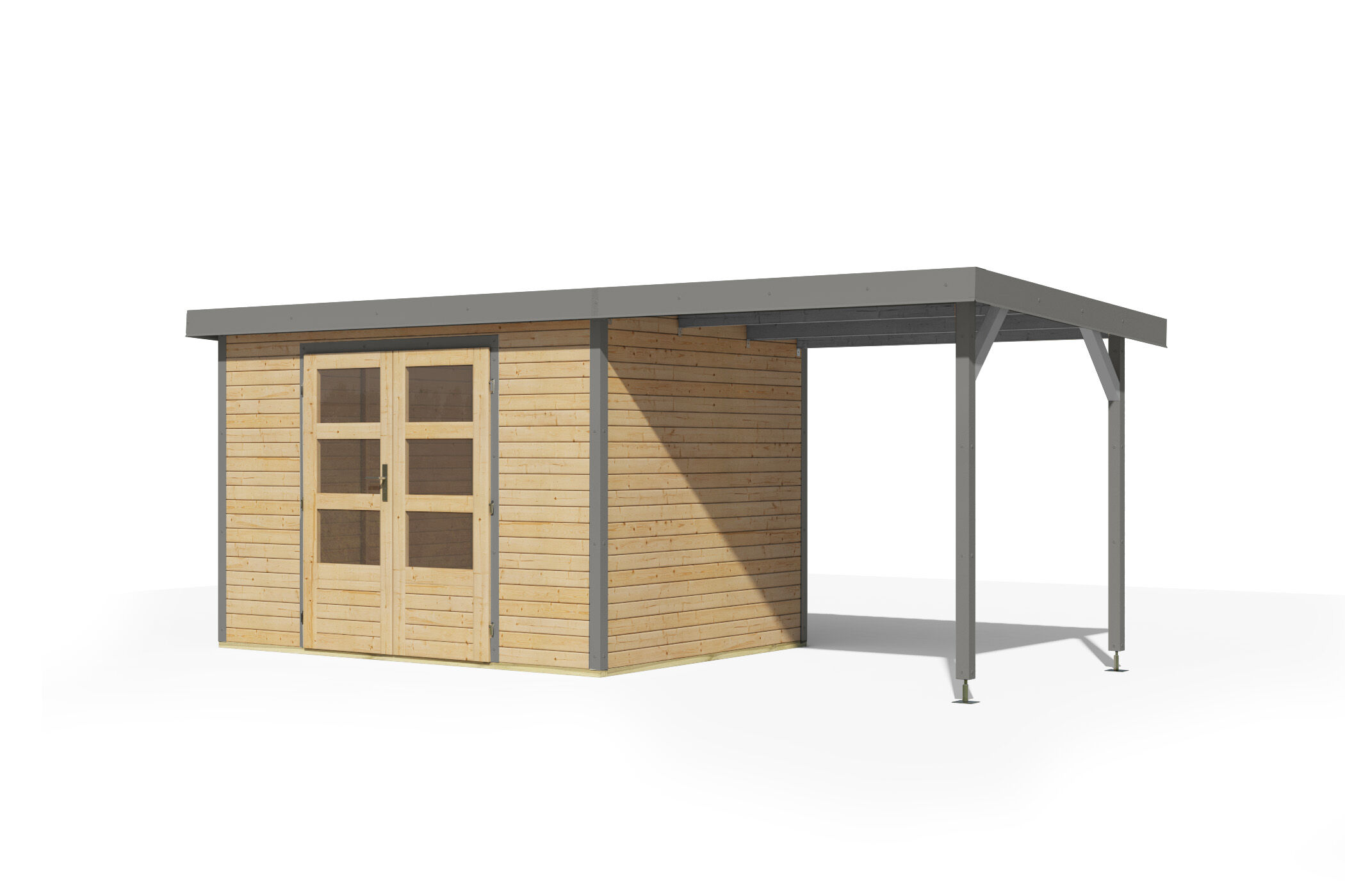 Karibu Pultdach Holz & Metall Gartenhaus Jupiter 4 Set mit Anbaudach 2,35 m, naturbelassen / graualuminium
