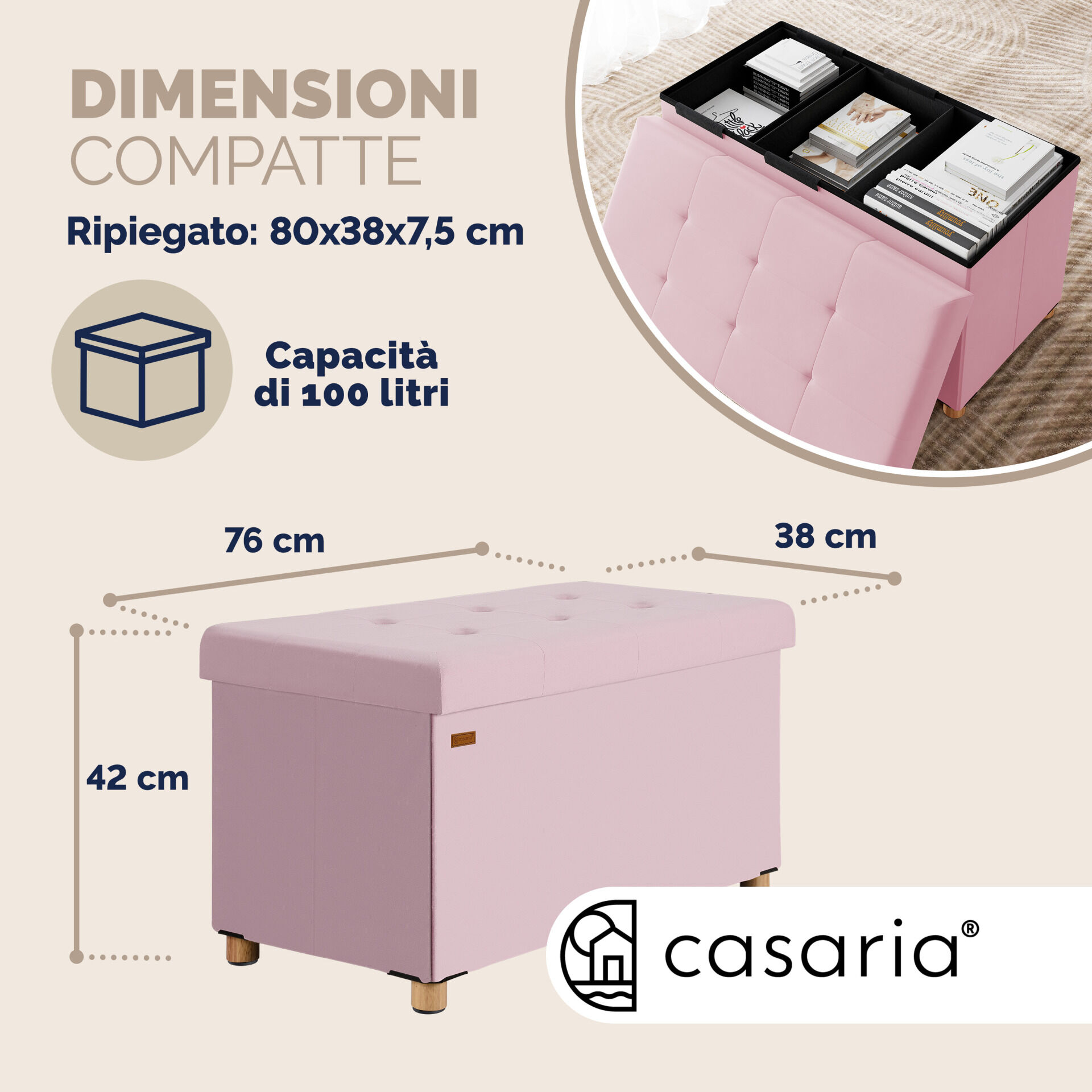Sitzbank Rosa Samt 76x38x42cm mit Stauraum faltbar