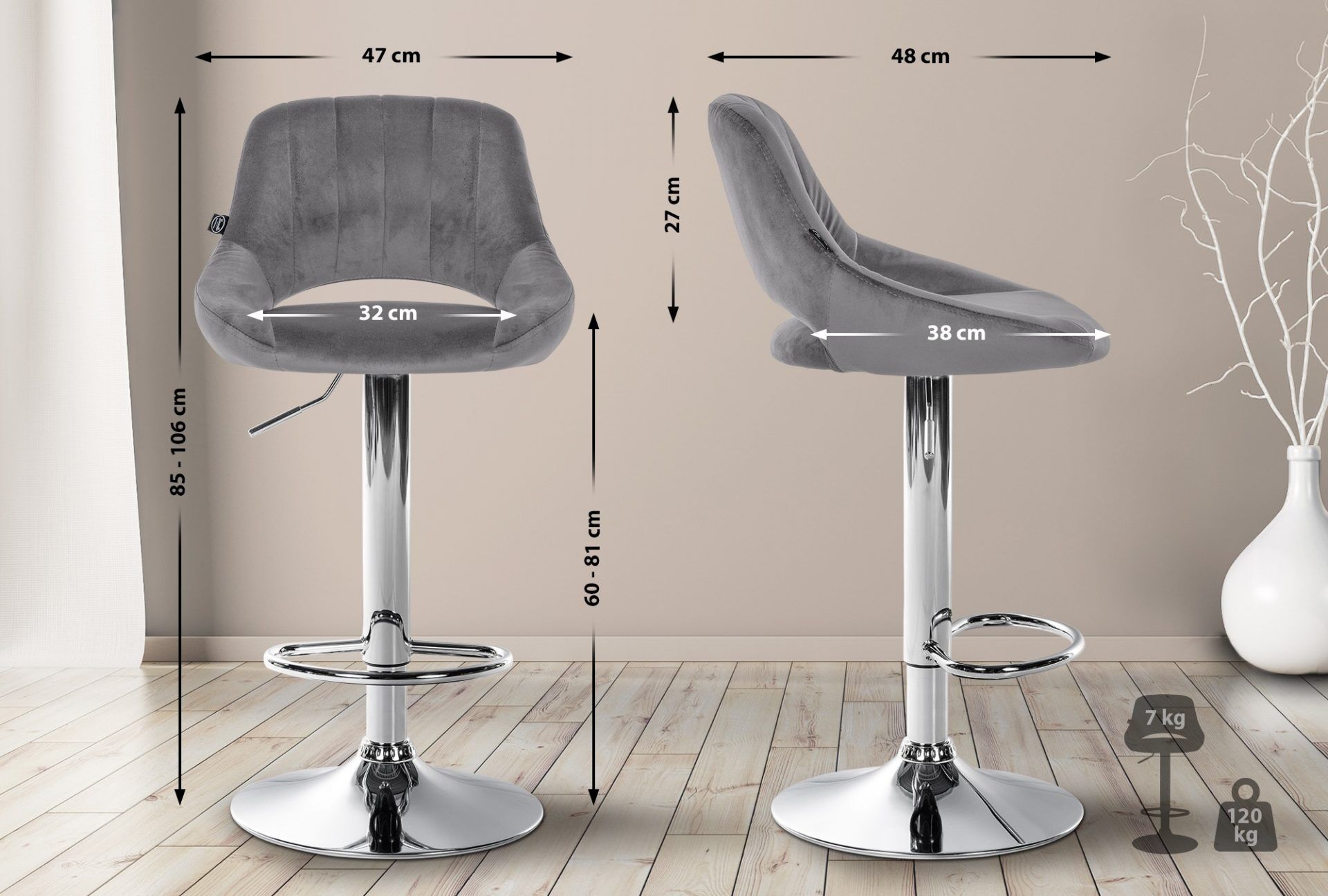 2er Set Barhocker Milet Samt C, dunkelgrau