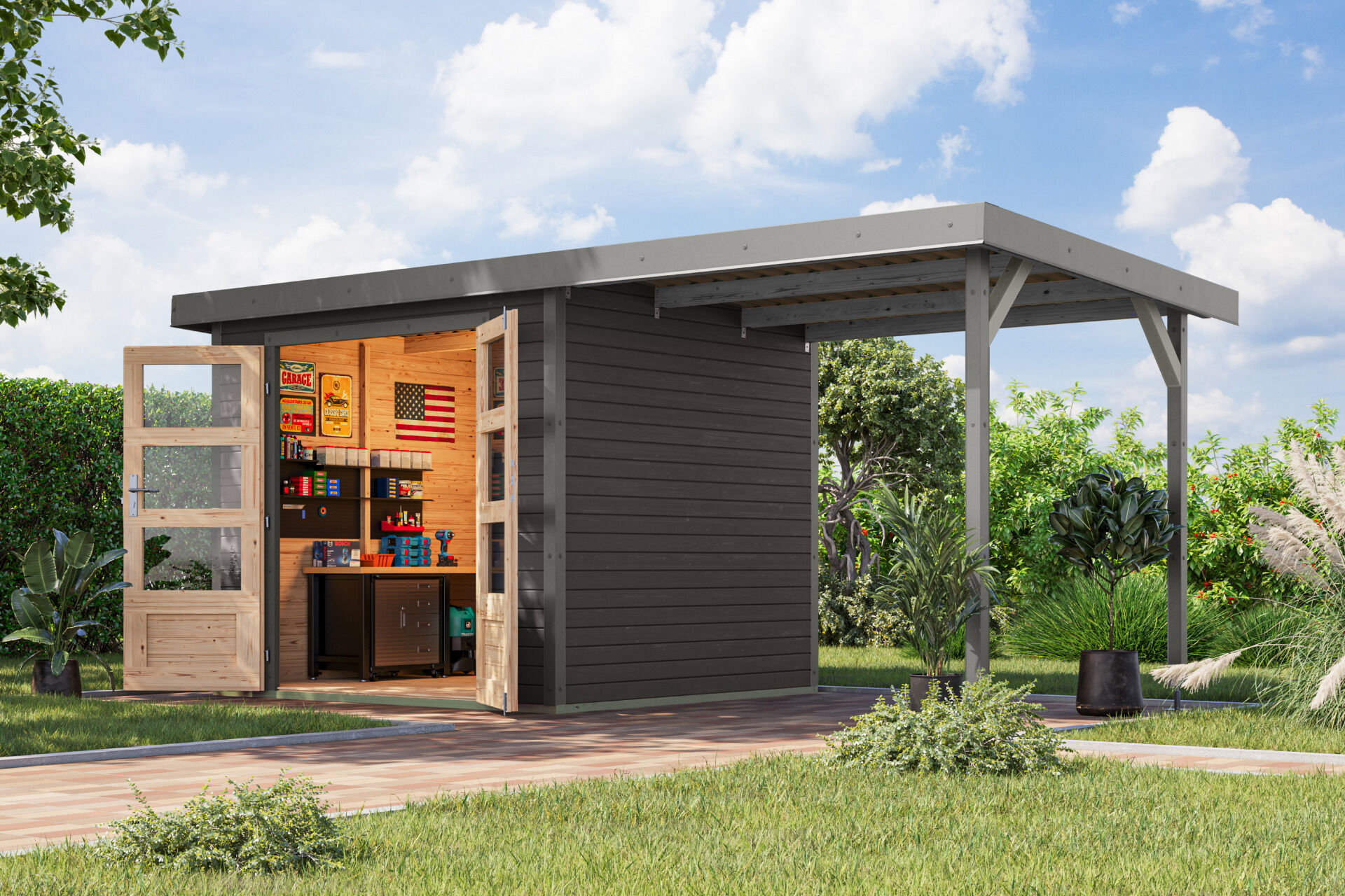 Karibu Pultdach Holz & Metall Gartenhaus Jupiter 3 Set mit Anbaudach 2,35 m, naturbelassen / graualuminium