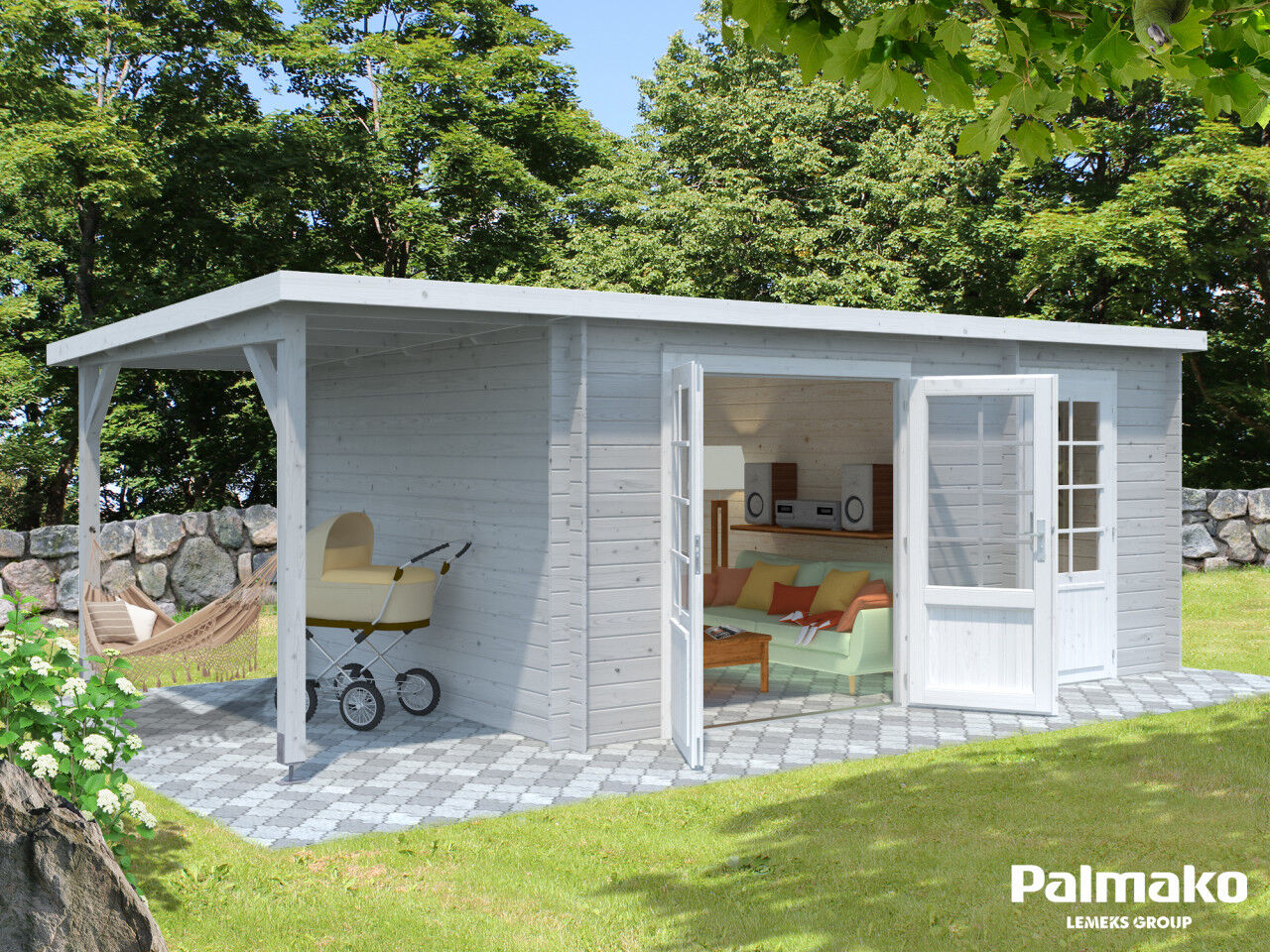 Flachdach Palmako Gartenhaus Ella 13,1+3,9 m²