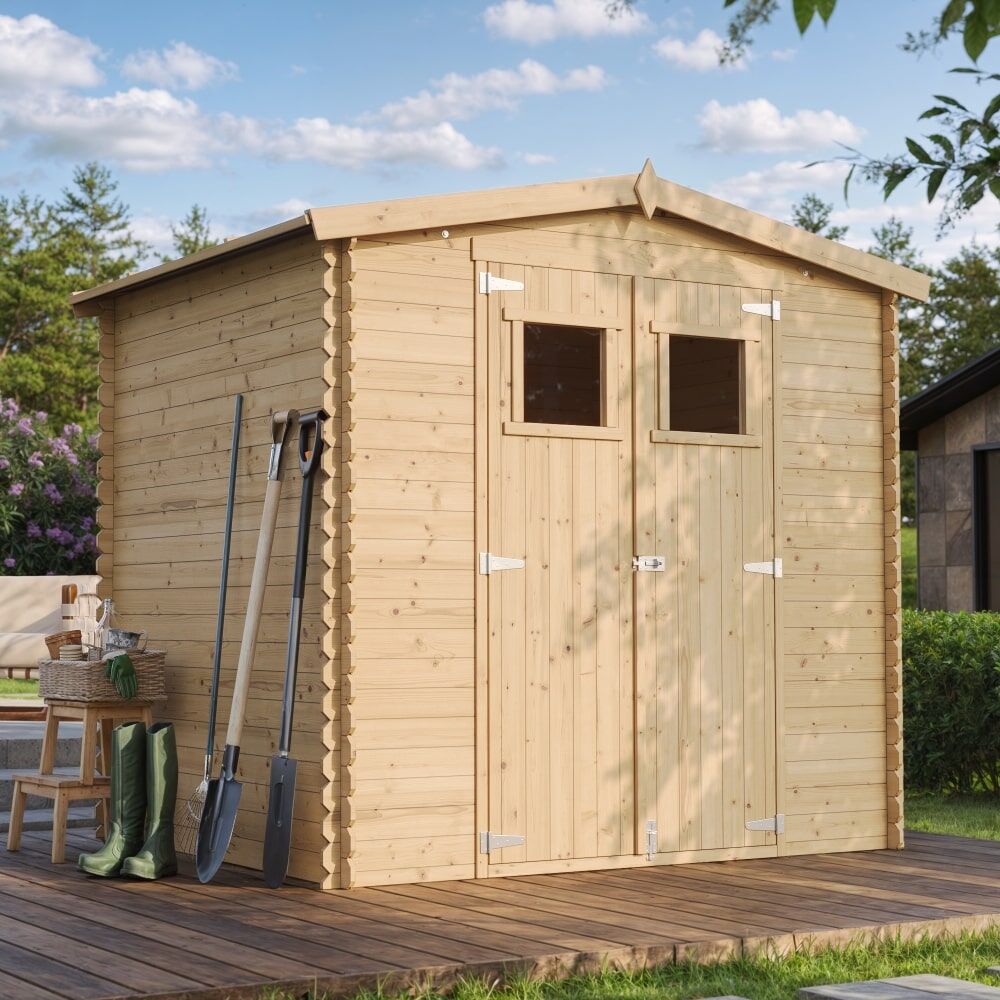 Gartenhaus Anton M369 frontale und seitliche Ansicht links mit Ambiente