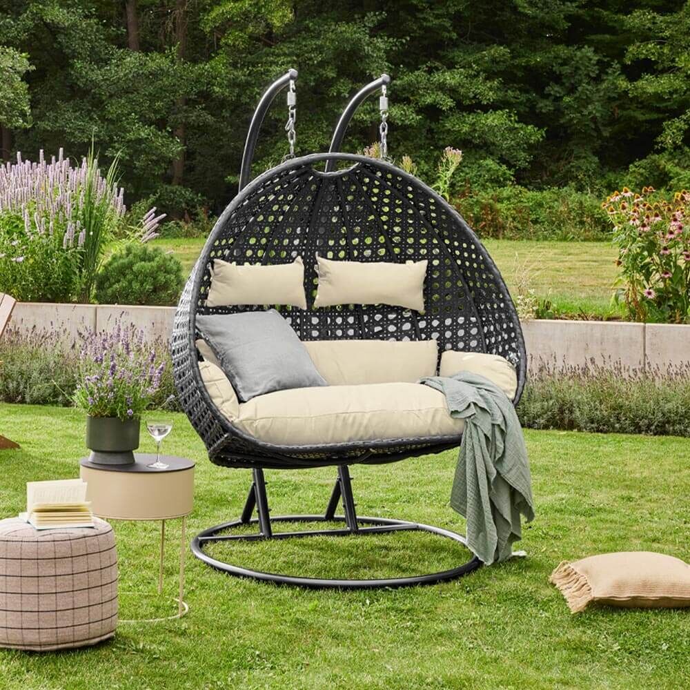 Polyrattan Hängesessel TWIN DELUXE - Schwarz/Creme für 2 Personen